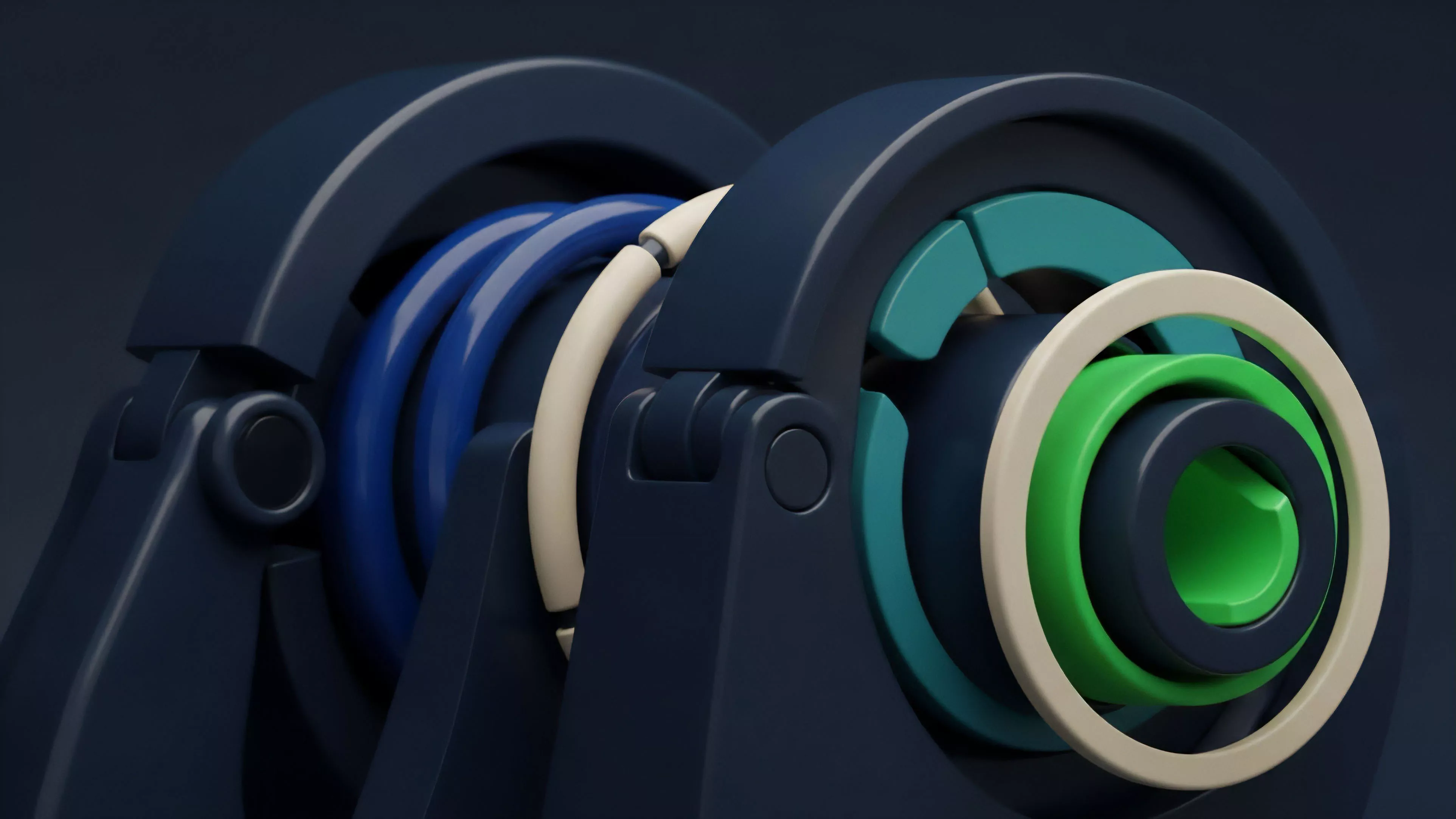 A 3D render displays a complex mechanical structure featuring nested rings of varying colors and sizes. The design includes dark blue support brackets and inner layers of bright green, teal, and blue components