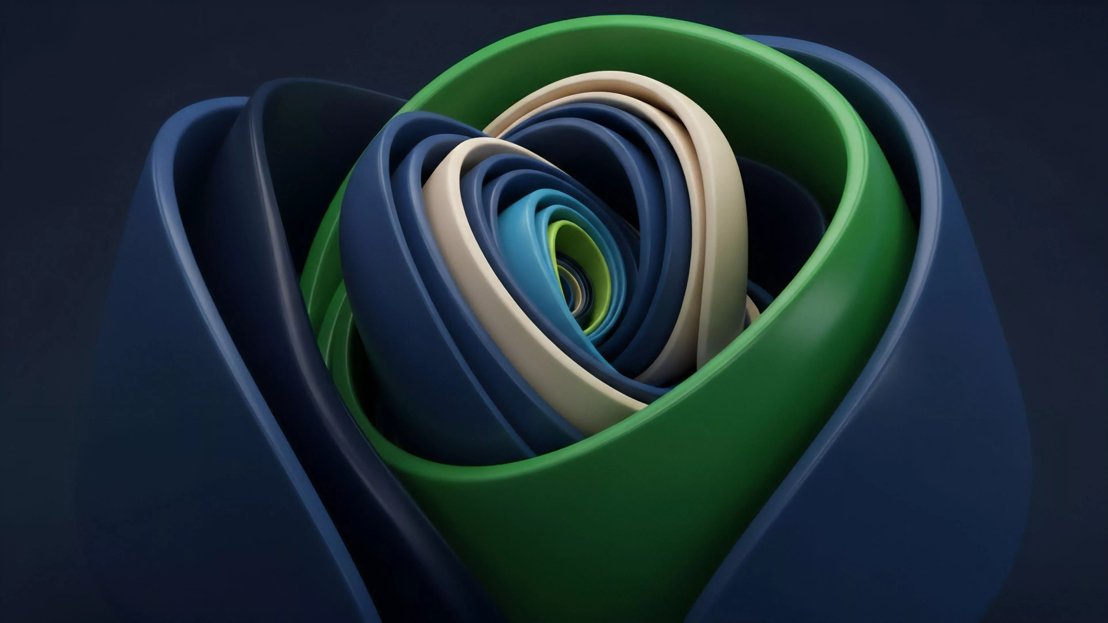 A close-up view reveals nested, flowing forms in a complex arrangement. The polished surfaces create a sense of depth, with colors transitioning from dark blue on the outer layers to vibrant greens and blues towards the center