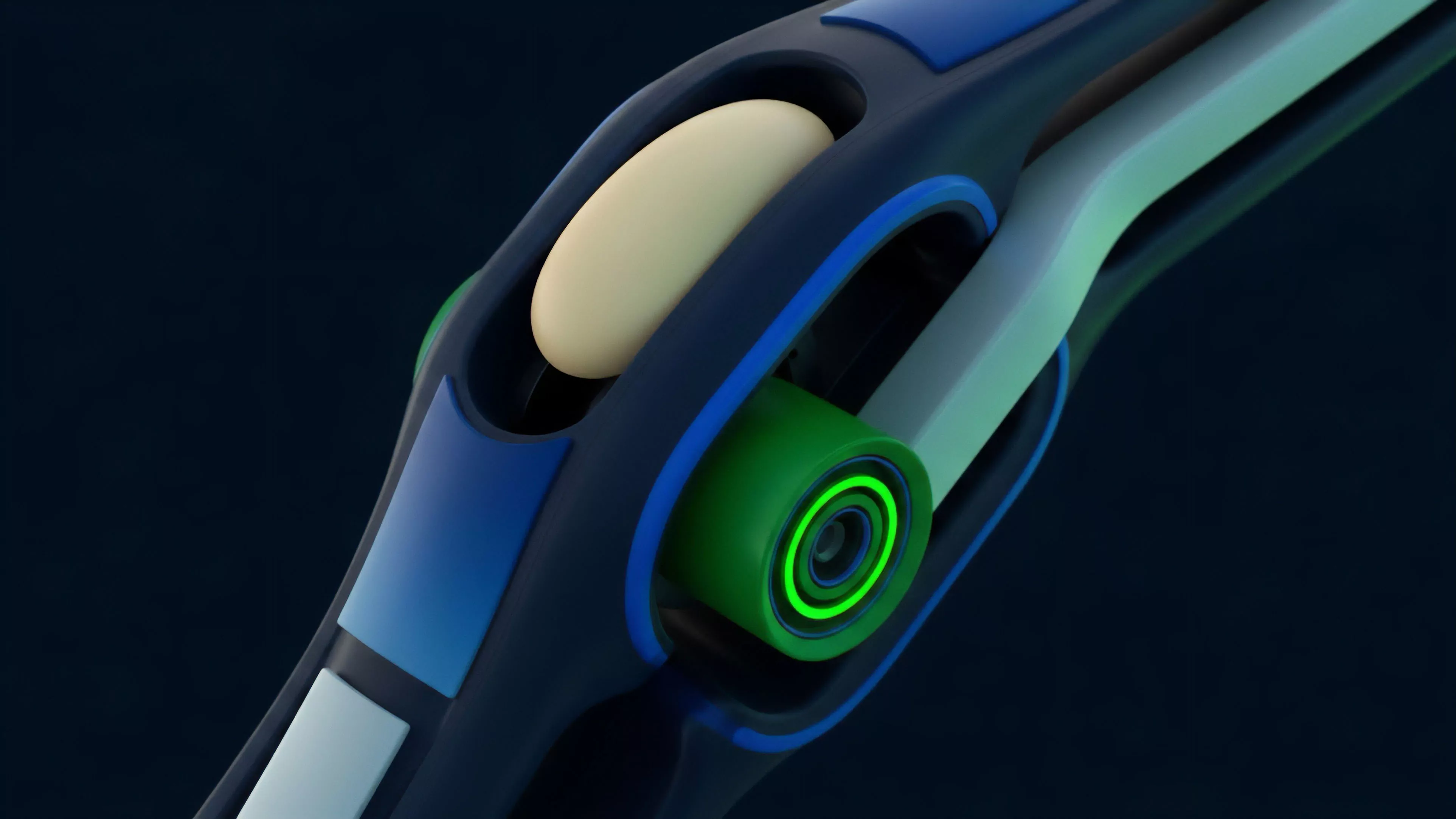 A close-up view of a high-tech mechanical structure features a prominent light-colored, oval component nestled within a dark blue chassis. A glowing green circular joint with concentric rings of light connects to a pale-green structural element, suggesting a futuristic mechanism in operation
