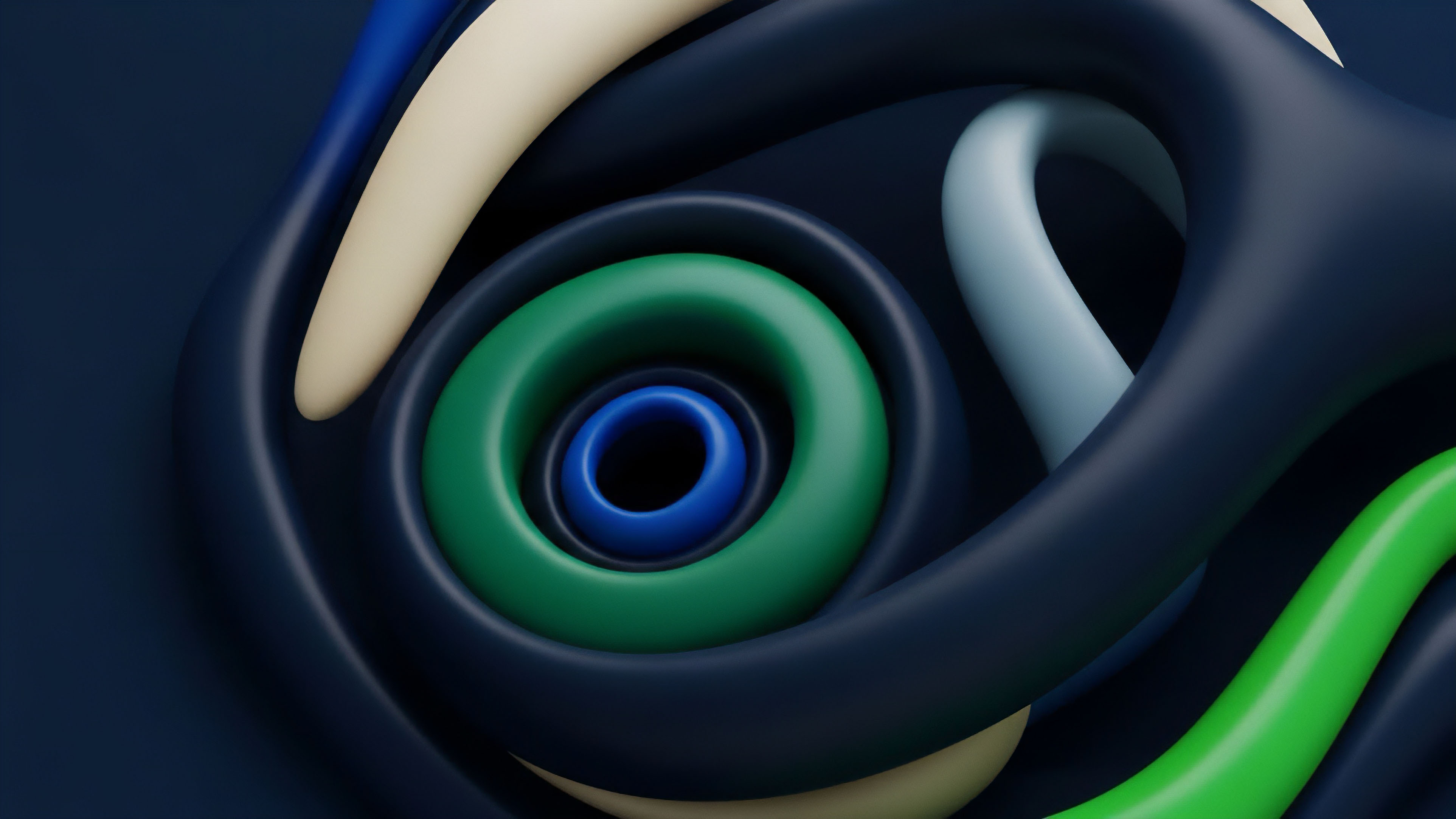 A 3D abstract composition features a central vortex of concentric green and blue rings, enveloped by undulating, interwoven dark blue, light blue, and cream-colored forms. The flowing geometry creates a sense of dynamic motion and interconnected layers, emphasizing depth and complexity