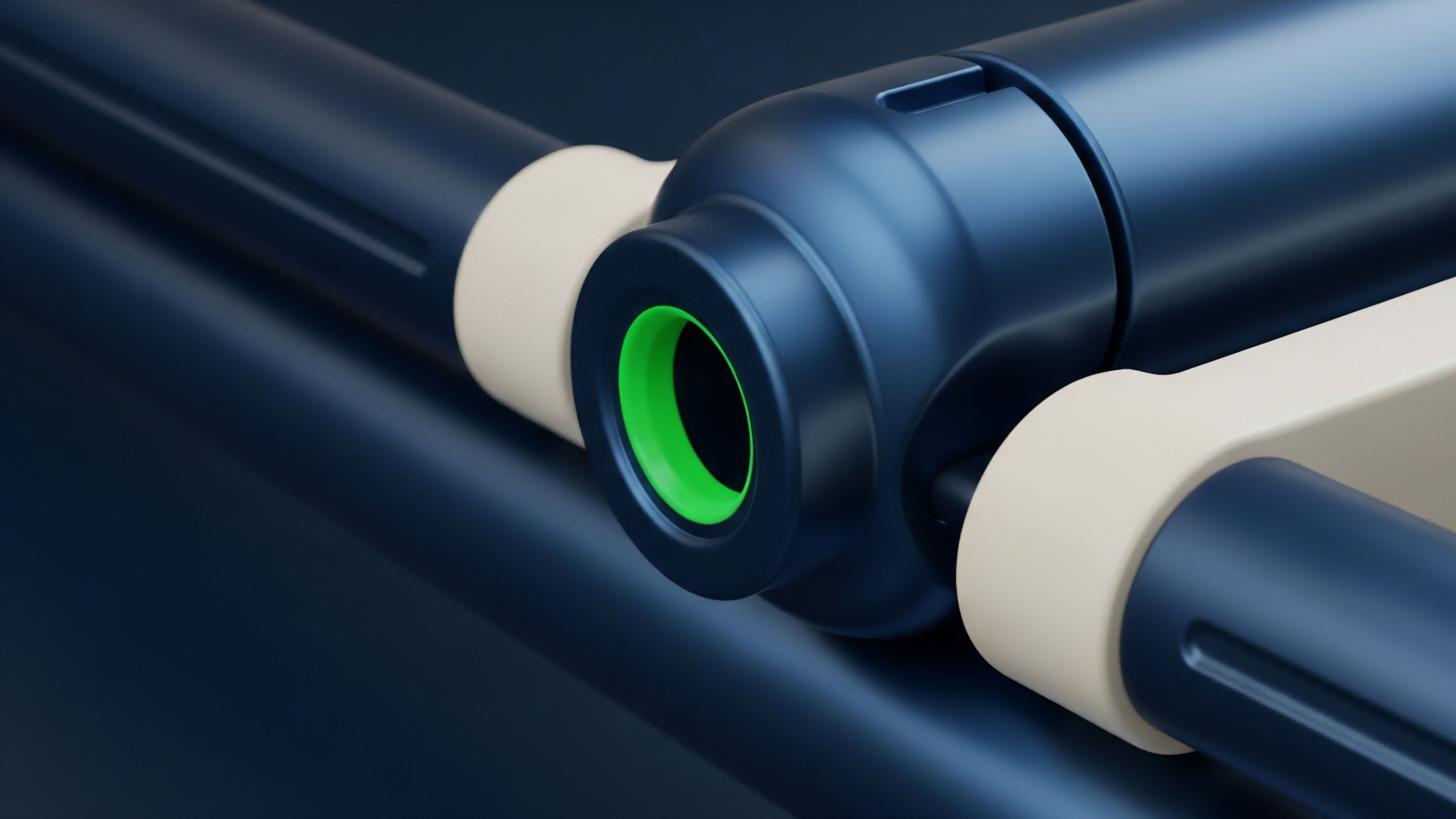 A detailed, close-up view of a high-precision, multi-component joint in a dark blue, off-white, and bright green color palette. The composition represents the intricate structure of a decentralized finance DeFi derivative protocol. The blue cylindrical elements symbolize core underlying assets, while the off-white beige pieces function as collateralized debt positions CDPs or staking mechanisms. The bright green ring signifies a pivotal oracle feed, providing real-time data for automated options execution. This structure illustrates the seamless interoperability required for complex financial derivatives and synthetic assets within a cross-chain ecosystem.