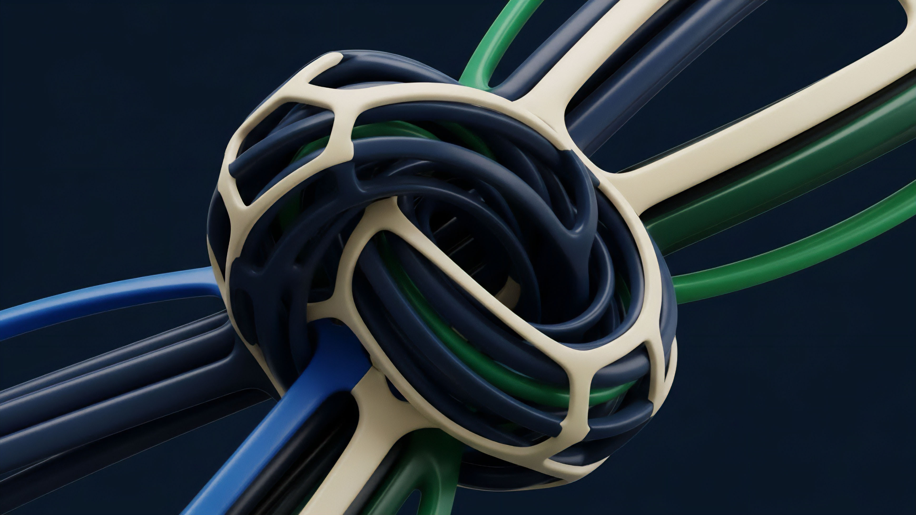 A complex network of intertwined cables represents a decentralized finance hub where financial instruments converge. The central node symbolizes a liquidity pool where assets aggregate. The various strands signify diverse asset classes and derivatives products like options contracts and futures. This abstract representation illustrates the intricate logic of an Automated Market Maker AMM and the aggregation of risk parameters. The smooth flow suggests efficient cross-chain settlement and advanced financial engineering within a DeFi ecosystem. The structure visualizes how smart contract logic handles complex interactions in derivative markets.