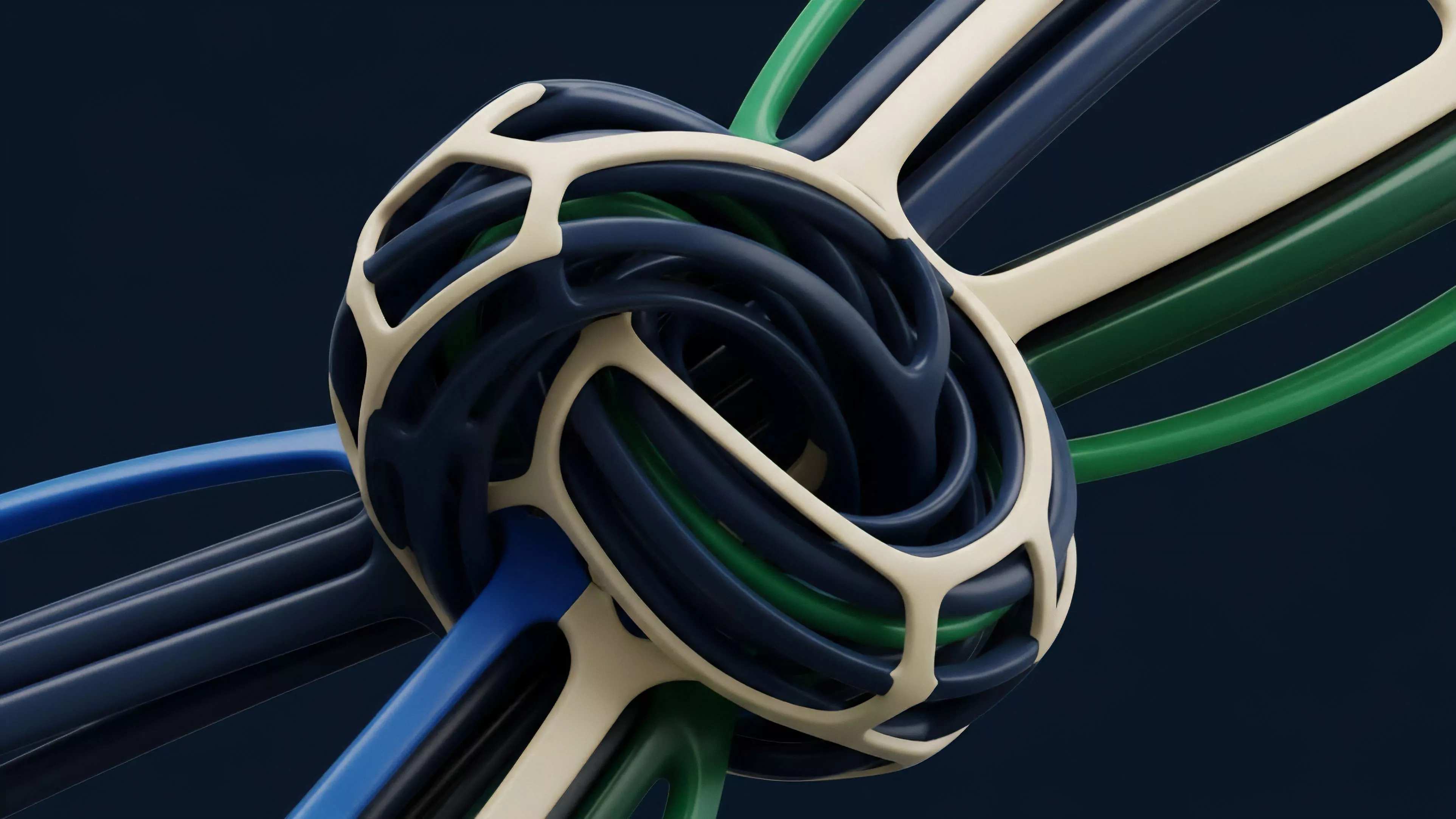 A complex network of intertwined cables represents a decentralized finance hub where financial instruments converge. The central node symbolizes a liquidity pool where assets aggregate. The various strands signify diverse asset classes and derivatives products like options contracts and futures. This abstract representation illustrates the intricate logic of an Automated Market Maker AMM and the aggregation of risk parameters. The smooth flow suggests efficient cross-chain settlement and advanced financial engineering within a DeFi ecosystem. The structure visualizes how smart contract logic handles complex interactions in derivative markets.