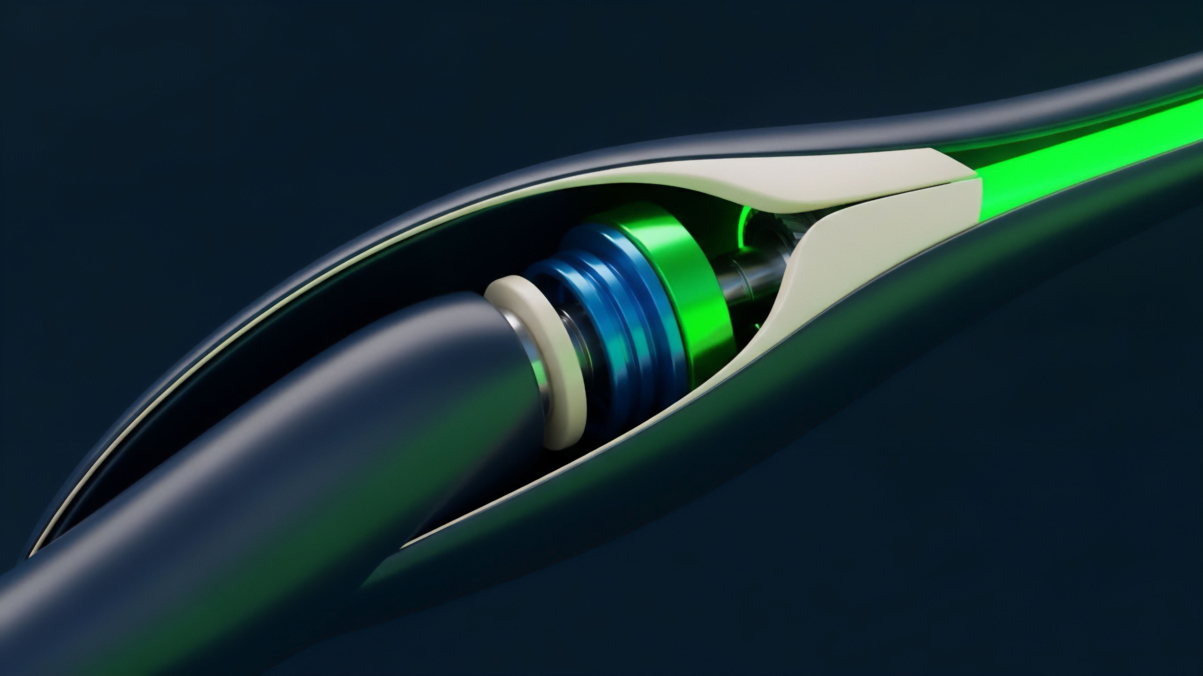 A cutaway visualization captures a cross-chain bridging protocol representing secure value transfer between distinct blockchain ecosystems. The internal mechanism visualizes the collateralization process where liquidity is locked up, ensuring asset swap integrity. The glowing green element signifies successful smart contract execution and automated settlement, while the fluted blue components represent the intricate logic of the automated market maker providing real-time pricing and liquidity provision for derivatives trading. This structure embodies the secure interoperability required for complex DeFi applications.