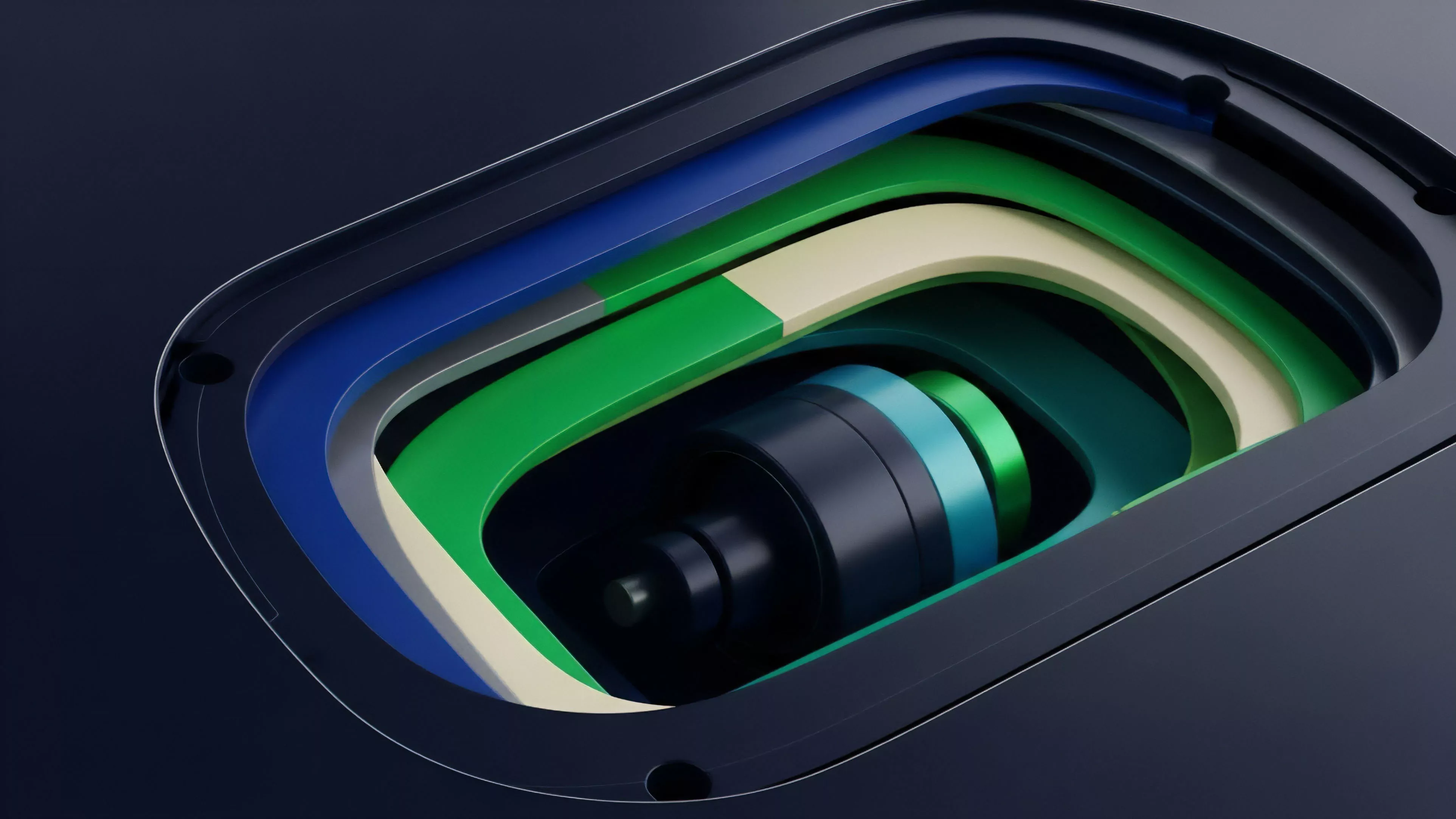 This abstract illustration depicts multiple concentric layers and a central cylindrical structure within a dark, recessed frame. The layers transition in color from deep blue to bright green and cream, creating a sense of depth and intricate design