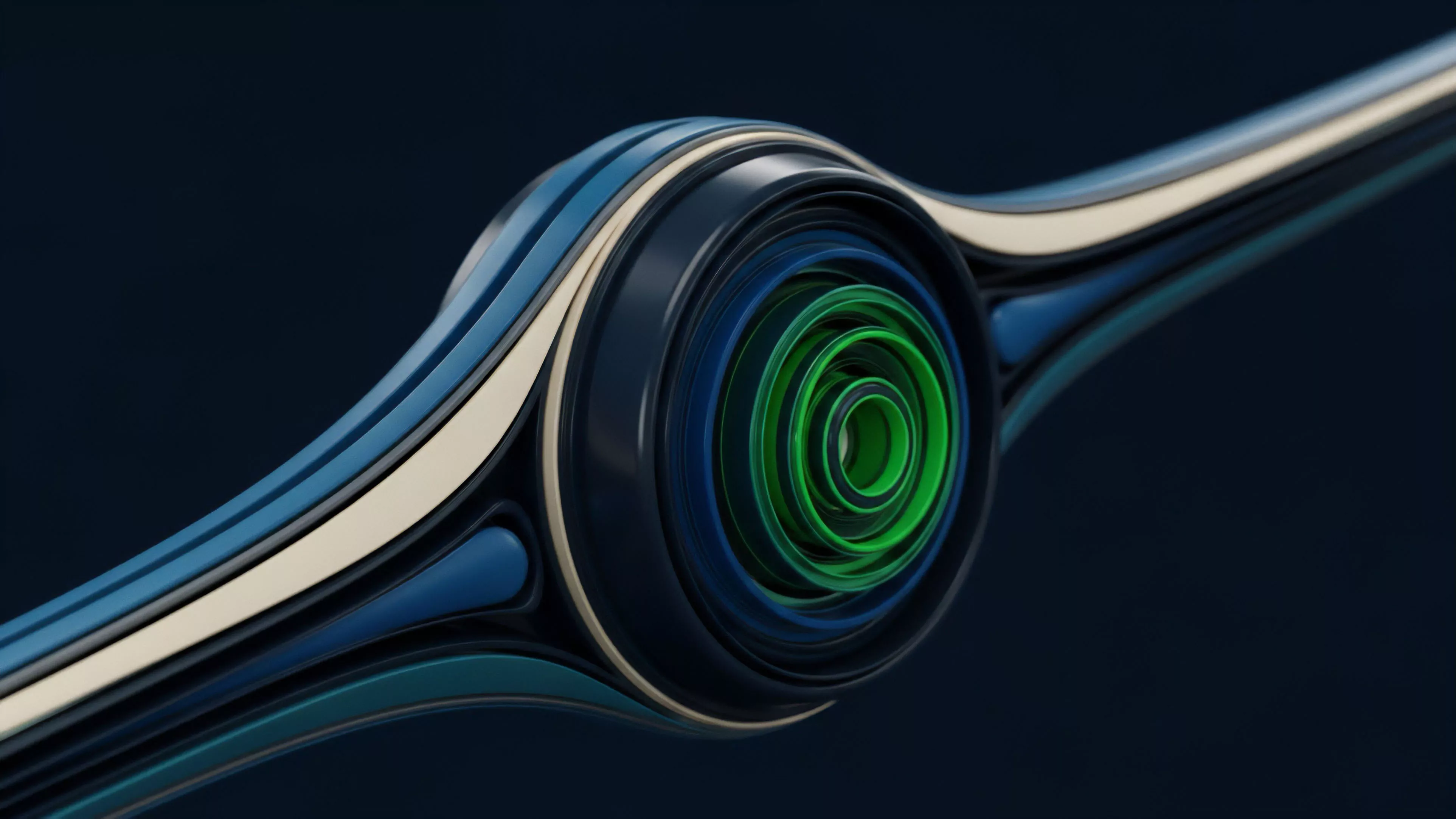 The image displays a symmetrical, abstract form featuring a central hub with concentric layers. The form's arms extend outwards, composed of multiple layered bands in varying shades of blue, off-white, and dark navy, centered around glowing green inner rings