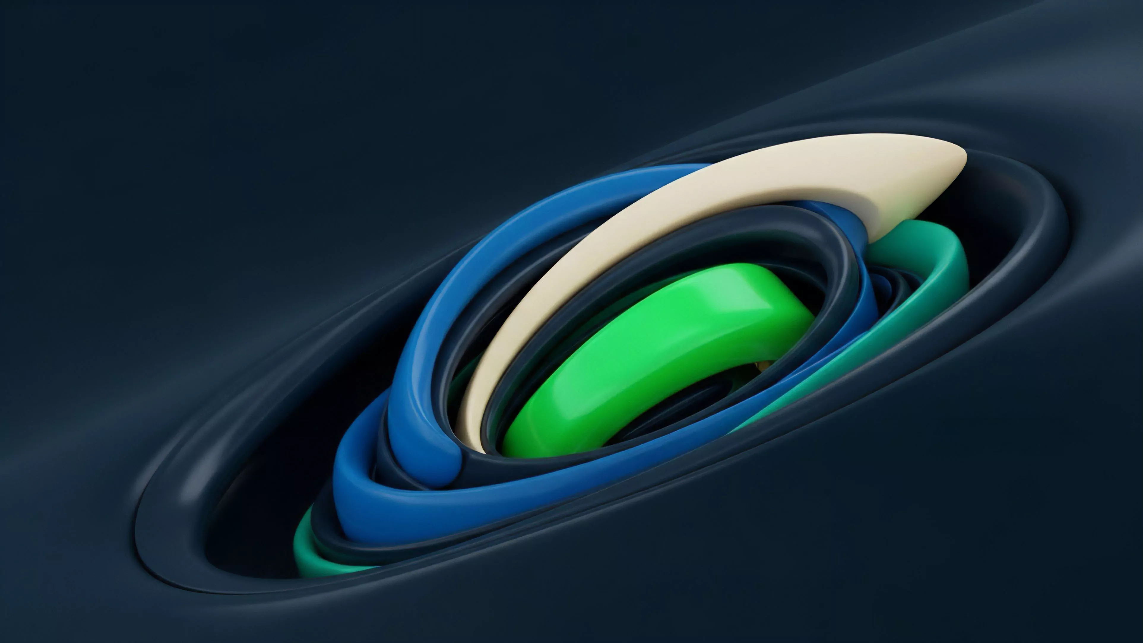 An abstract visualization shows multiple, twisting ribbons of blue, green, and beige descending into a dark, recessed surface, creating a vortex-like effect. The ribbons overlap and intertwine, illustrating complex layers and dynamic motion