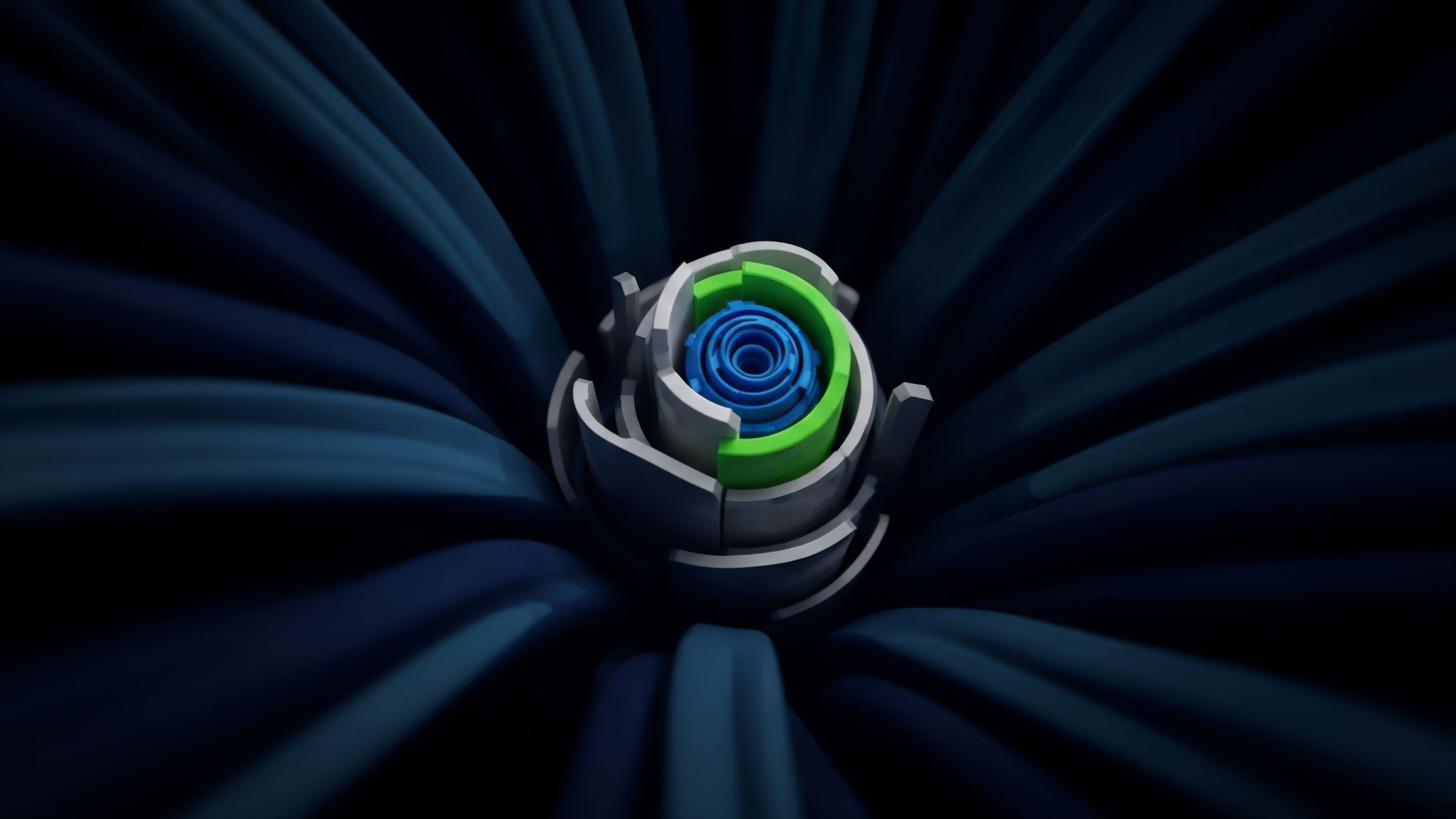 A detailed view of a core structure with concentric rings of blue and green, representing different layers of a DeFi smart contract protocol. These central elements symbolize collateralized positions within a complex risk management framework. The surrounding dark blue, flowing forms illustrate deep liquidity pools and dynamic market forces influencing the protocol. The green and blue components could represent specific tokenomics or asset tiers, highlighting the nested nature of financial derivatives and automated market maker logic. This visual metaphor captures the complexity of implied volatility calculations and algorithmic execution within a decentralized ecosystem.