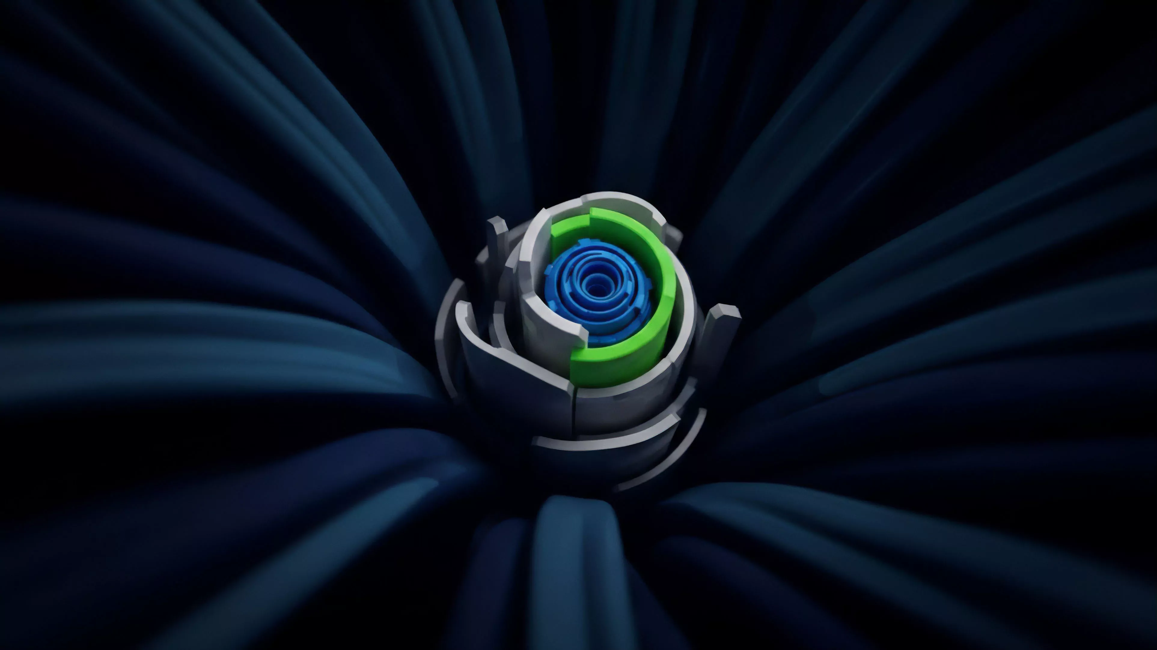 A detailed view of a core structure with concentric rings of blue and green, representing different layers of a DeFi smart contract protocol. These central elements symbolize collateralized positions within a complex risk management framework. The surrounding dark blue, flowing forms illustrate deep liquidity pools and dynamic market forces influencing the protocol. The green and blue components could represent specific tokenomics or asset tiers, highlighting the nested nature of financial derivatives and automated market maker logic. This visual metaphor captures the complexity of implied volatility calculations and algorithmic execution within a decentralized ecosystem.