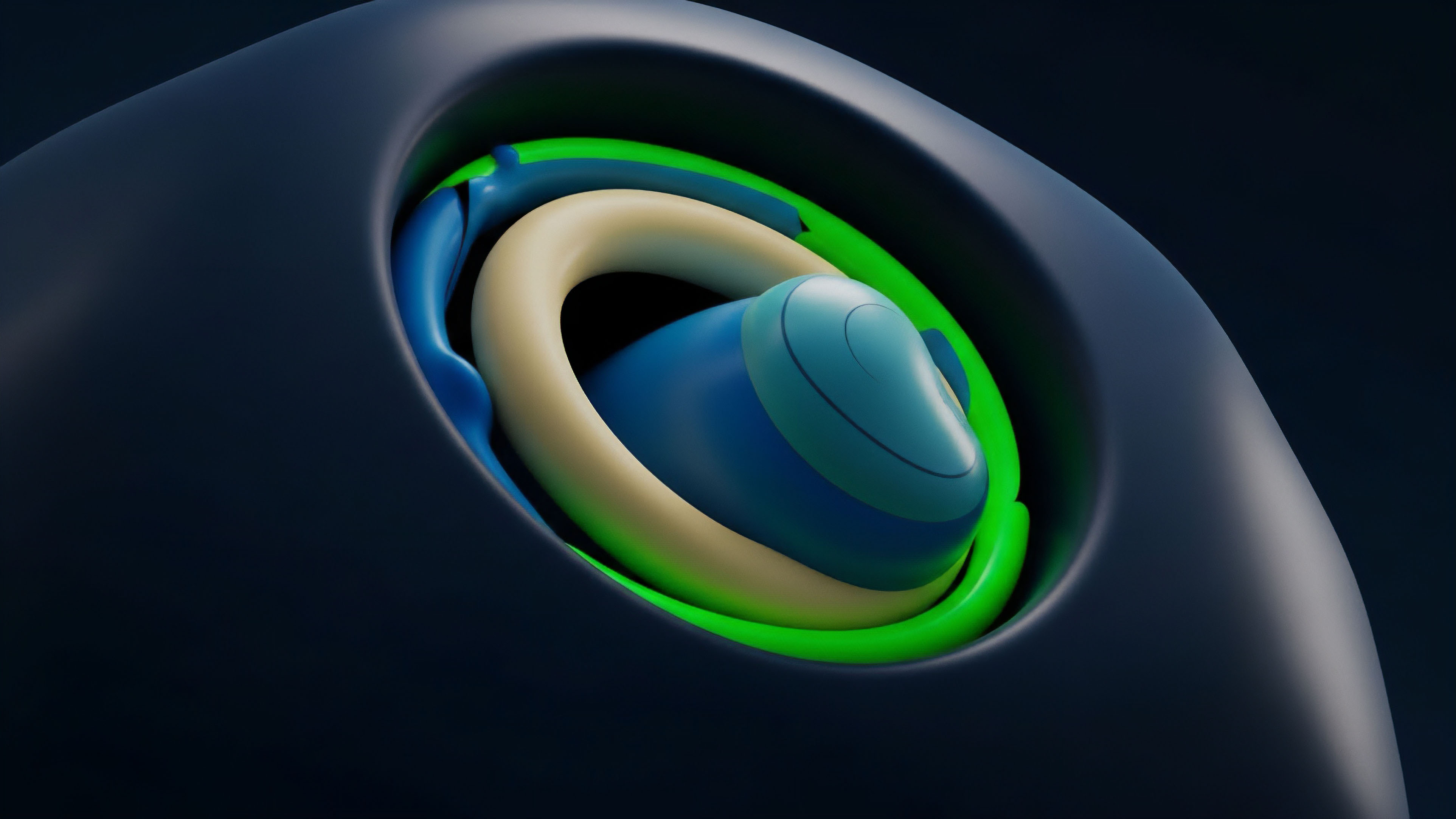 A stylized, layered financial structure representing the complex architecture of a decentralized finance DeFi derivative. The dark outer casing symbolizes smart contract safeguards and regulatory compliance. The vibrant green ring identifies a critical liquidity pool or margin trigger parameter. The inner beige torus and central blue component represent the underlying collateralized asset and the synthetic product's core tokenomics. This configuration illustrates risk stratification and nested tranches within a structured financial product, detailing how risk and value cascade through different layers of a collateralized debt obligation.