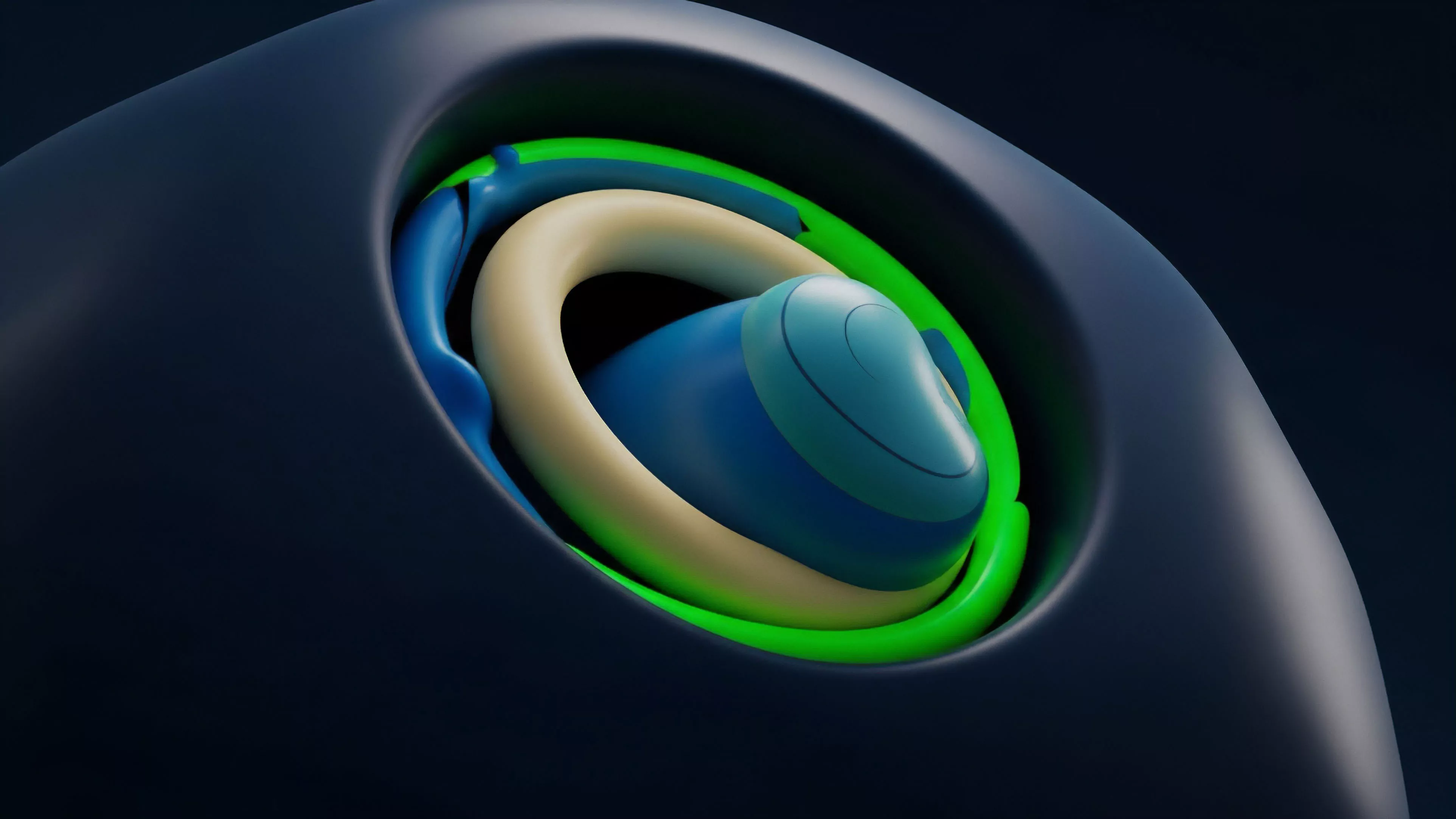 A dark blue-gray surface features a deep circular recess. Within this recess, concentric rings in vibrant green and cream encircle a blue central component