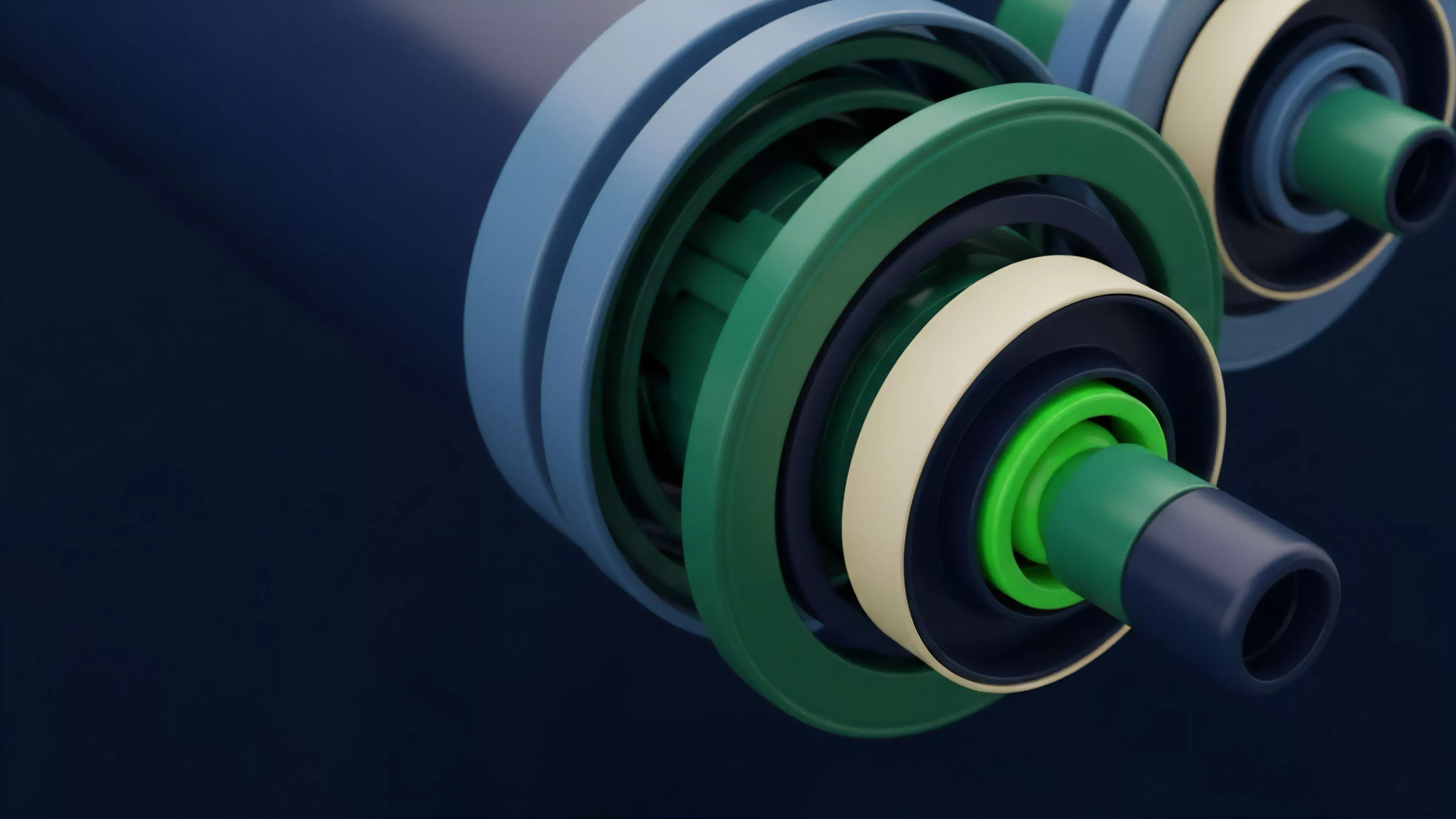 A macro view of nested cylindrical components in shades of blue, green, and cream, illustrating the complex structure of a collateralized debt obligation CDO within a decentralized finance protocol. The layered design represents different risk tranches and liquidity pools, where the outer rings symbolize senior tranches with lower risk exposure, while the inner components signify junior tranches and associated volatility risk. This structure visualizes the intricate automated market maker AMM logic used for collateralization and derivative trading, essential for managing variation margin and counterparty settlement risk in exotic derivatives.