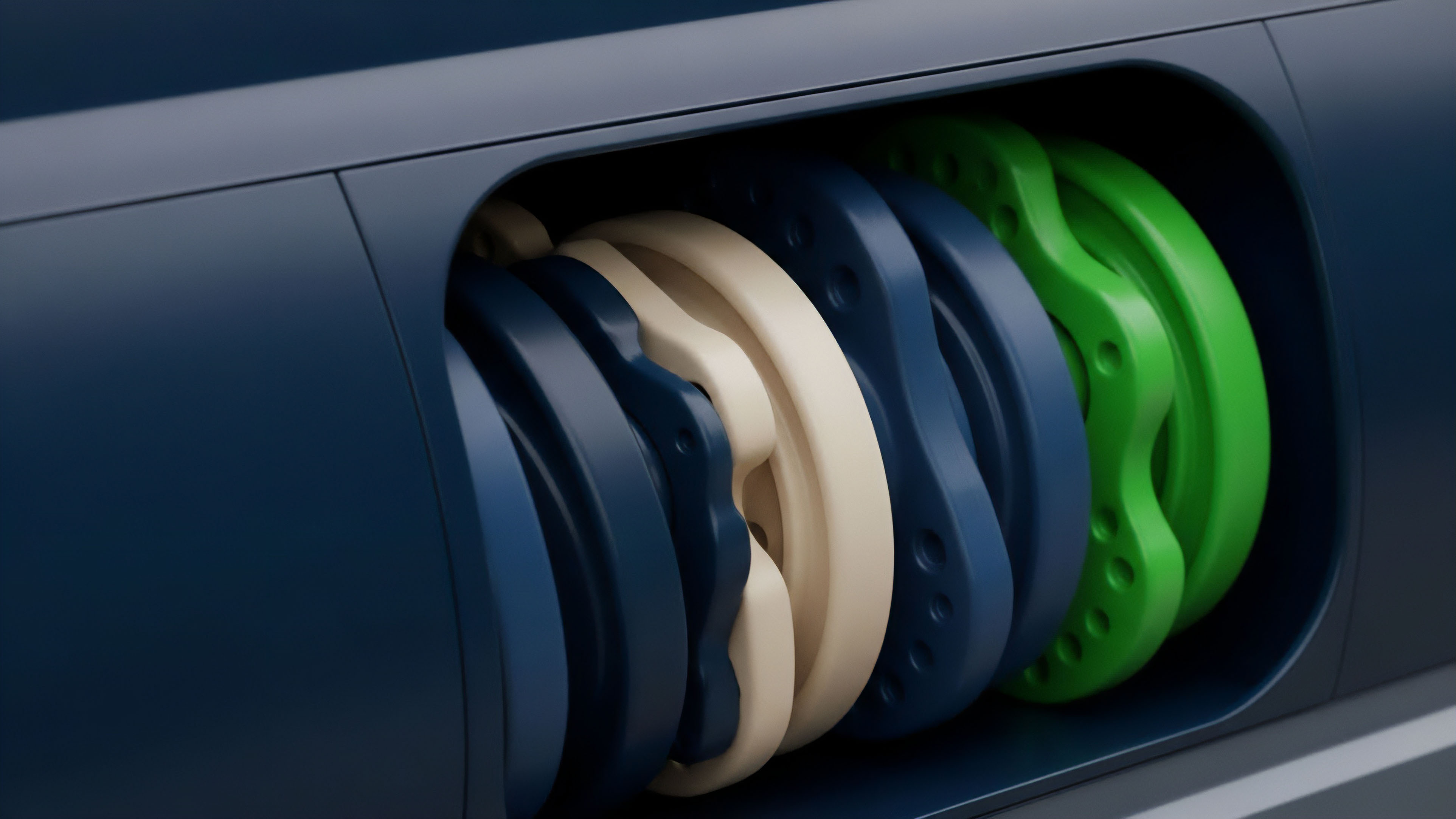 A multi-layered mechanism visible within a robust dark blue housing represents a decentralized finance protocol's risk engine. The stacked discs symbolize different tranches within a structured product or an options chain. The contrasting colors, including bright green and beige, signify various risk stratifications and yield profiles. This visualization illustrates the dynamic rebalancing and automated execution logic of complex derivatives, emphasizing capital efficiency and protocol mechanics in decentralized trading environments. This system allows for precision in managing implied volatility and risk-adjusted returns for liquidity providers.