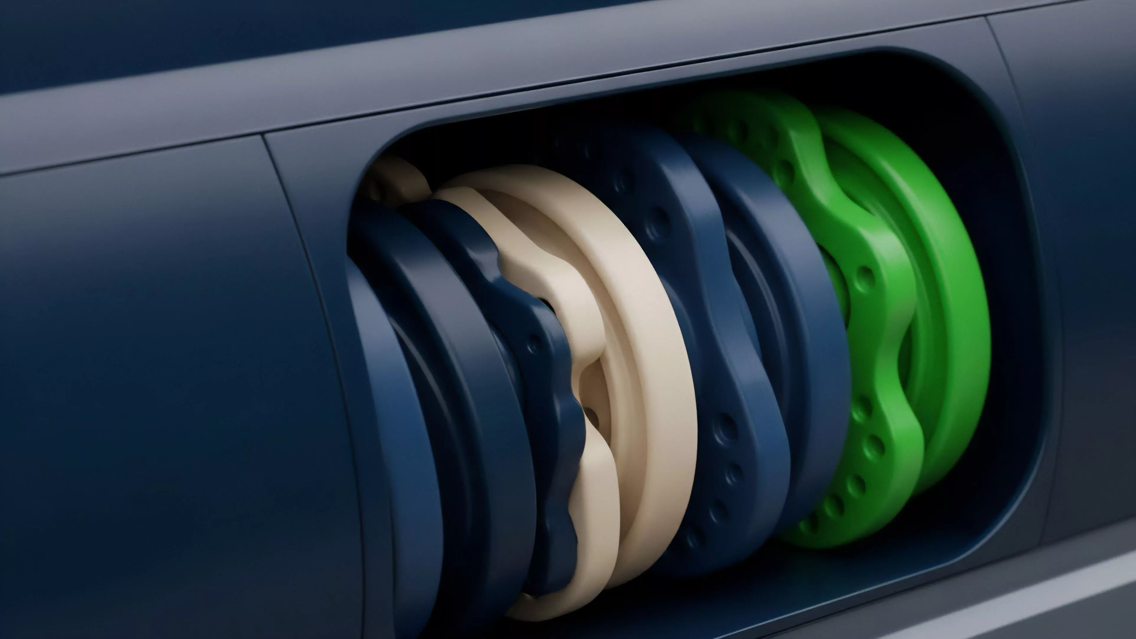 A multi-layered mechanism visible within a robust dark blue housing represents a decentralized finance protocol's risk engine. The stacked discs symbolize different tranches within a structured product or an options chain. The contrasting colors, including bright green and beige, signify various risk stratifications and yield profiles. This visualization illustrates the dynamic rebalancing and automated execution logic of complex derivatives, emphasizing capital efficiency and protocol mechanics in decentralized trading environments. This system allows for precision in managing implied volatility and risk-adjusted returns for liquidity providers.