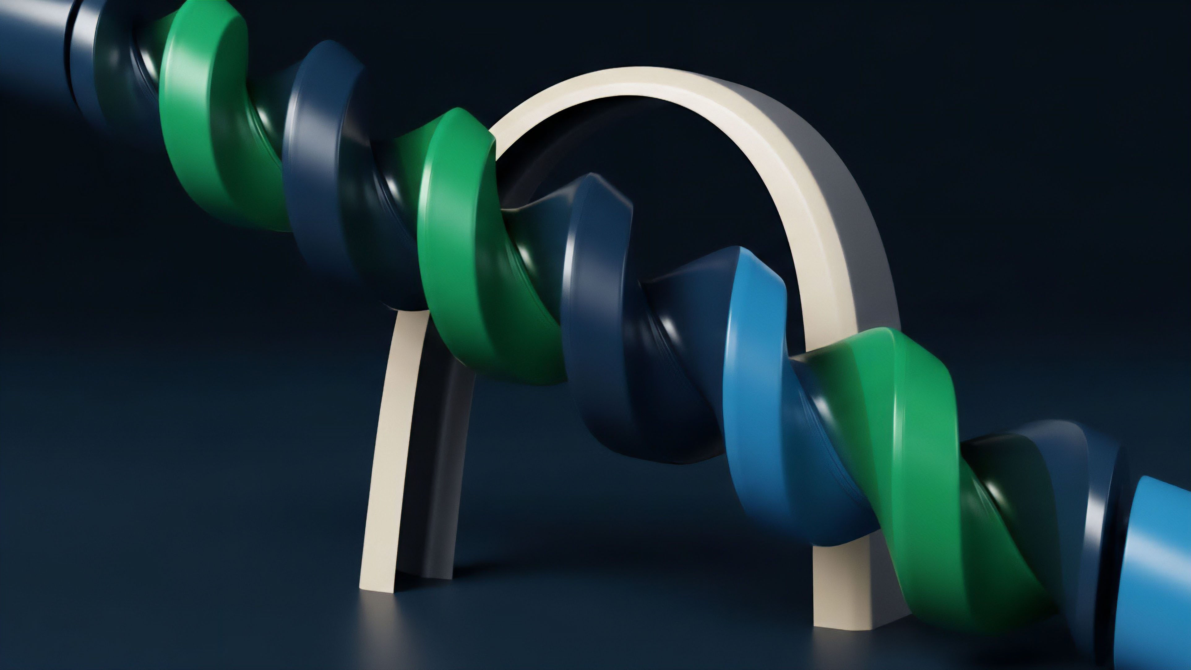 A continuously flowing, multi-colored helical structure represents the intricate mechanism of a collateralized debt obligation or structured product. The different colored segments green, dark blue, light blue symbolize risk tranches or varying asset classes within the derivative. The stationary beige arch represents the smart contract logic and regulatory compliance framework that governs the automated execution of the asset flow. This visual metaphor illustrates the complex, dynamic nature of synthetic assets and their interaction with predefined collateralization mechanisms in DeFi protocols.