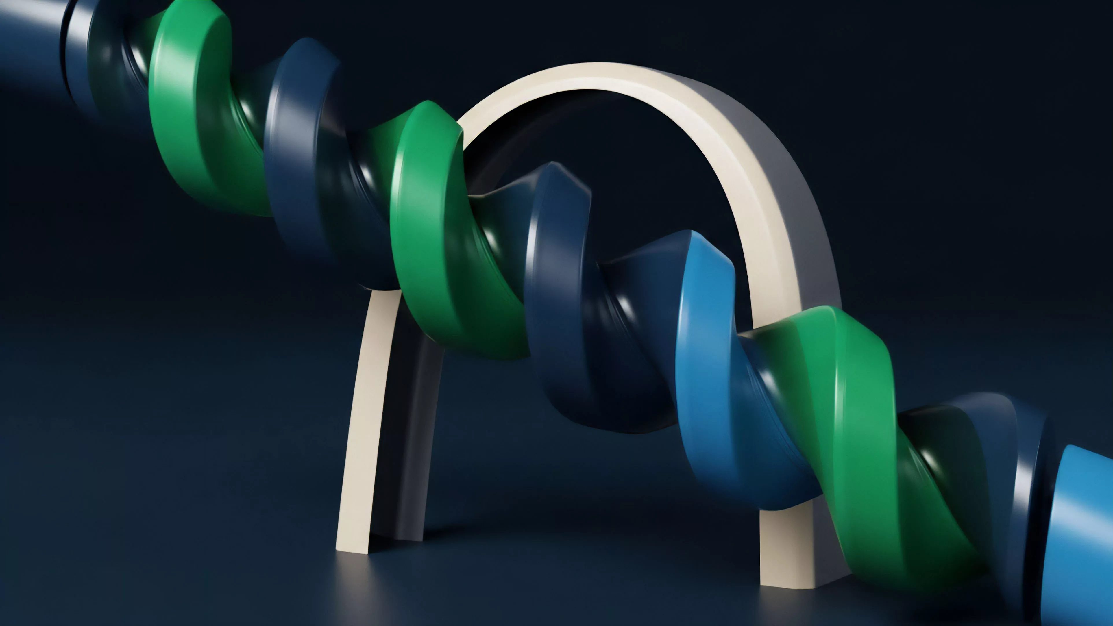 A multi-colored spiral structure, featuring segments of green and blue, moves diagonally through a beige arch-like support. The abstract rendering suggests a process or mechanism in motion interacting with a static framework