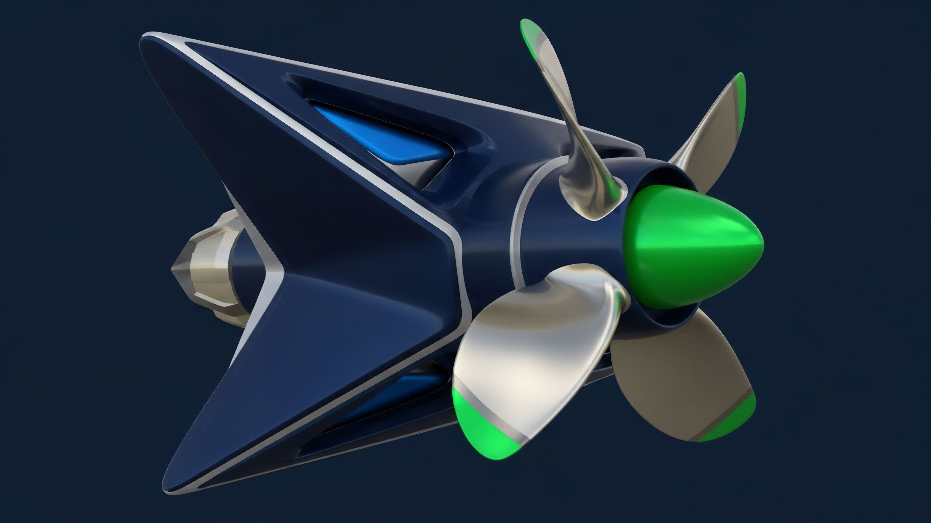 A high-performance digital asset propulsion model representing automated trading strategies. The sleek dark blue chassis symbolizes robust smart contract execution, with sharp fins indicating directional bias and risk hedging mechanisms. The metallic propeller blades represent high-velocity trade execution, crucial for maximizing arbitrage opportunities across decentralized exchanges. The vibrant green highlights symbolize active yield generation and optimized liquidity provision, specifically for perpetual swaps and options contracts in a volatile market environment.