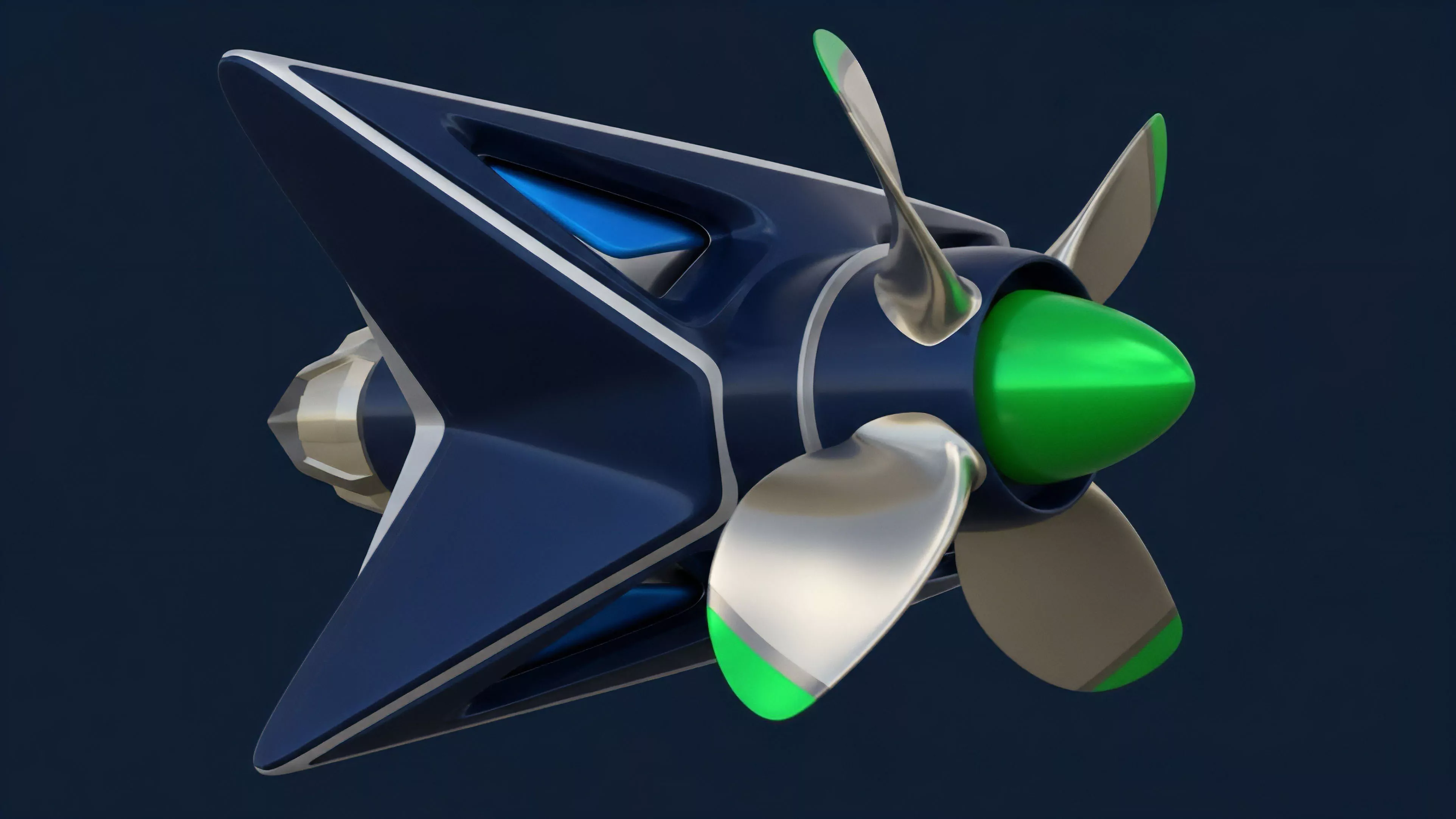 A futuristic, high-speed propulsion unit in dark blue with silver and green accents is shown. The main body features sharp, angular stabilizers and a large four-blade propeller
