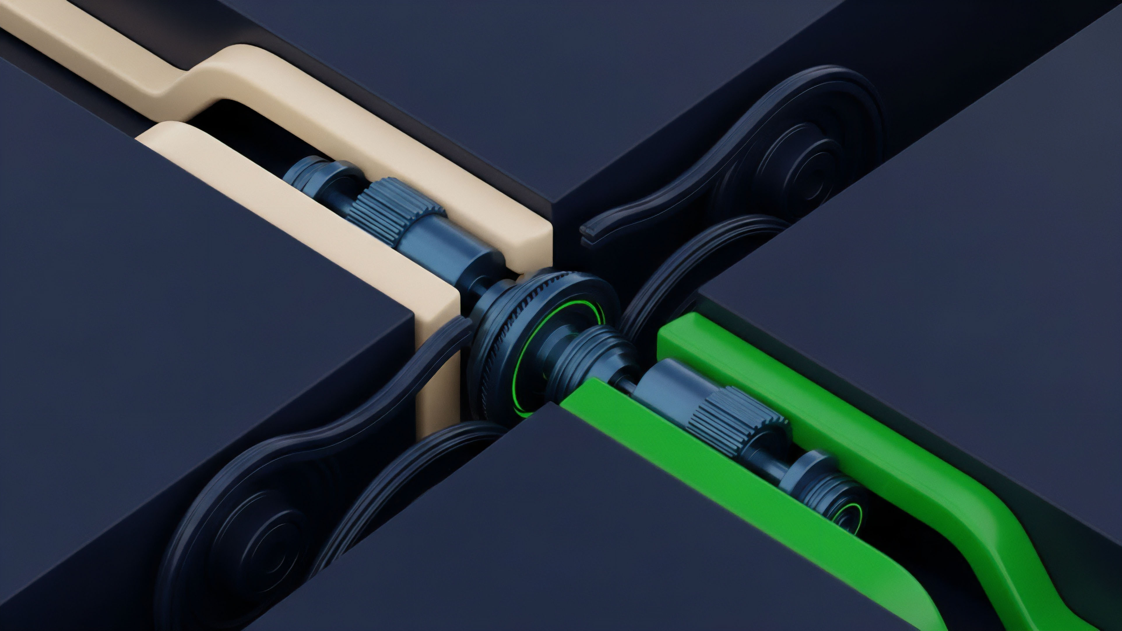 A high-resolution cutaway view illustrates a complex mechanical system where various components converge at a central hub. Interlocking shafts and a surrounding pulley-like mechanism facilitate the precise transfer of force and value between distinct channels, highlighting an engineered structure for complex operations