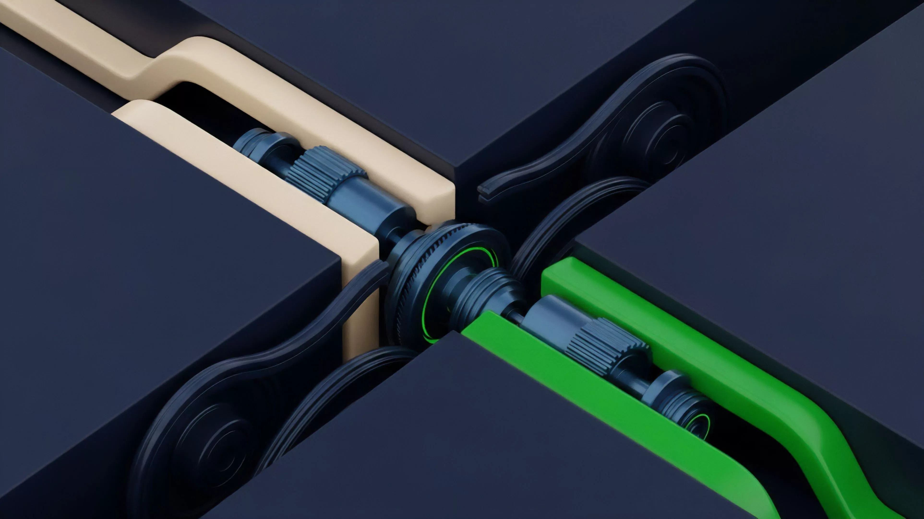 A technical render visualizes a complex decentralized finance protocol architecture where various components interlock at a central hub.