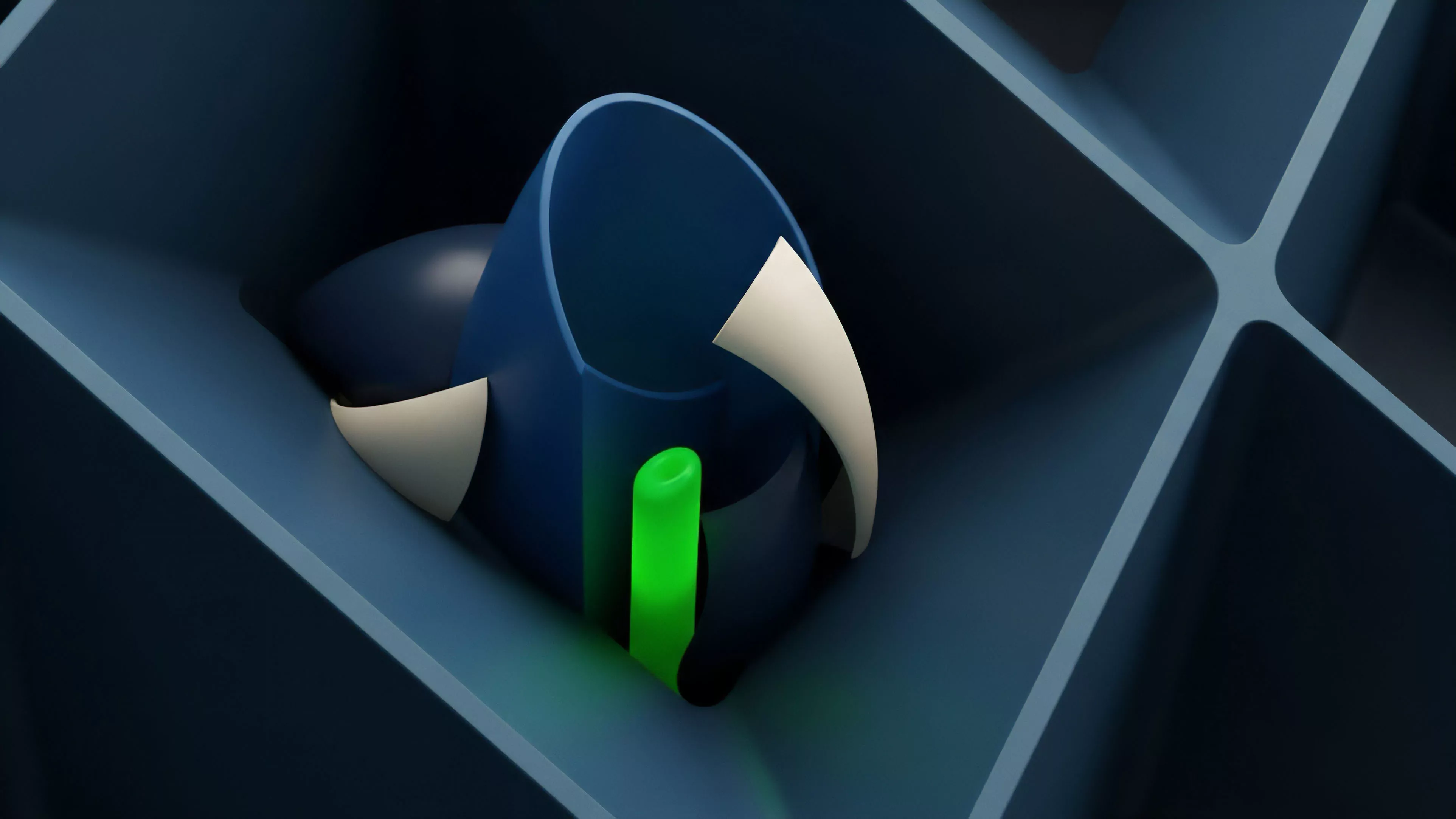 A high-resolution, abstract 3D rendering features a stylized blue funnel-like mechanism. It incorporates two curved white forms resembling appendages or fins, all positioned within a dark, structured grid-like environment where a glowing green cylindrical element rises from the center
