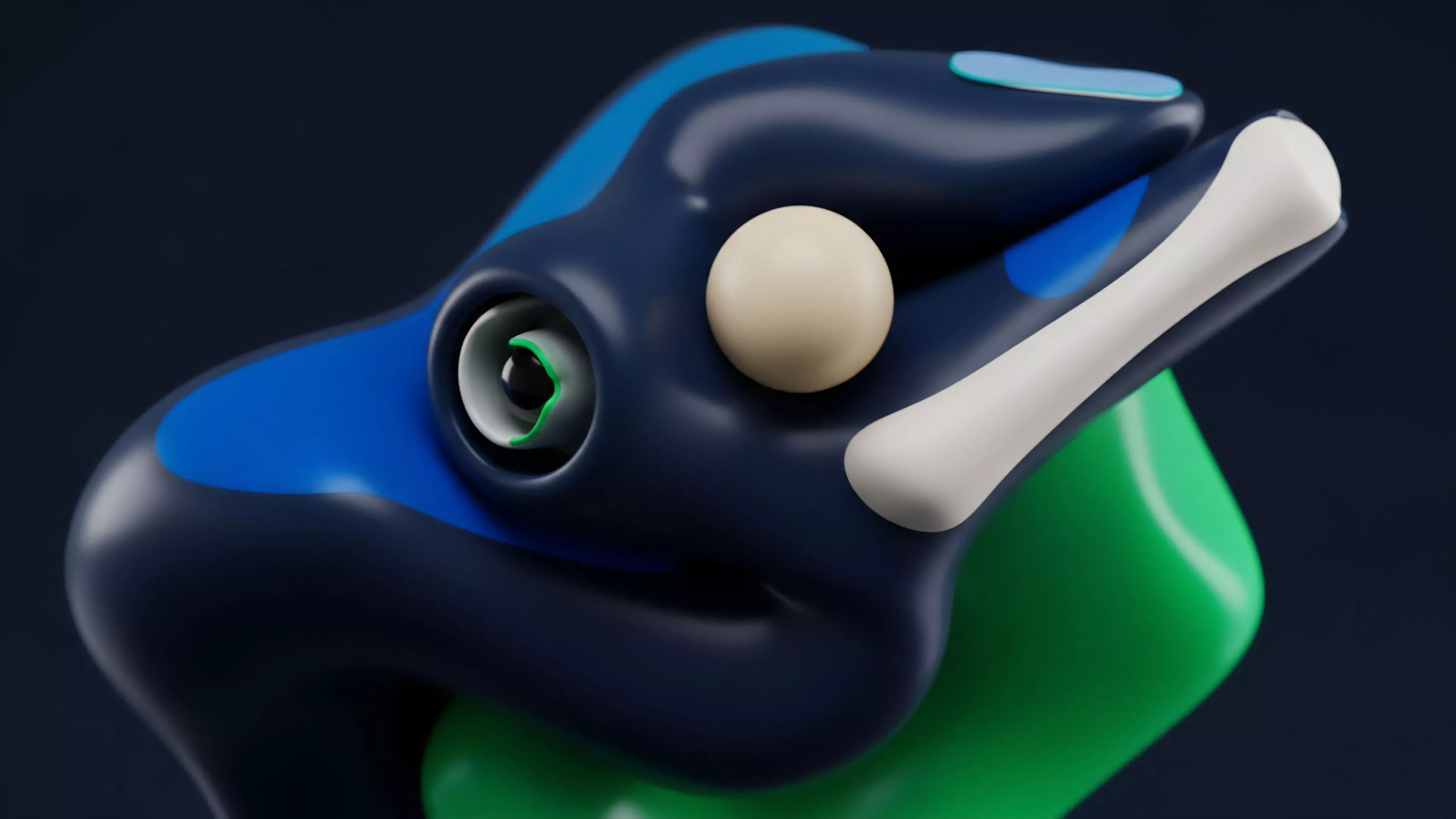 An abstract digital rendering showcases a complex, smooth structure in dark blue and bright blue. The object features a beige spherical element, a white bone-like appendage, and a green-accented eye-like feature, all set against a dark background