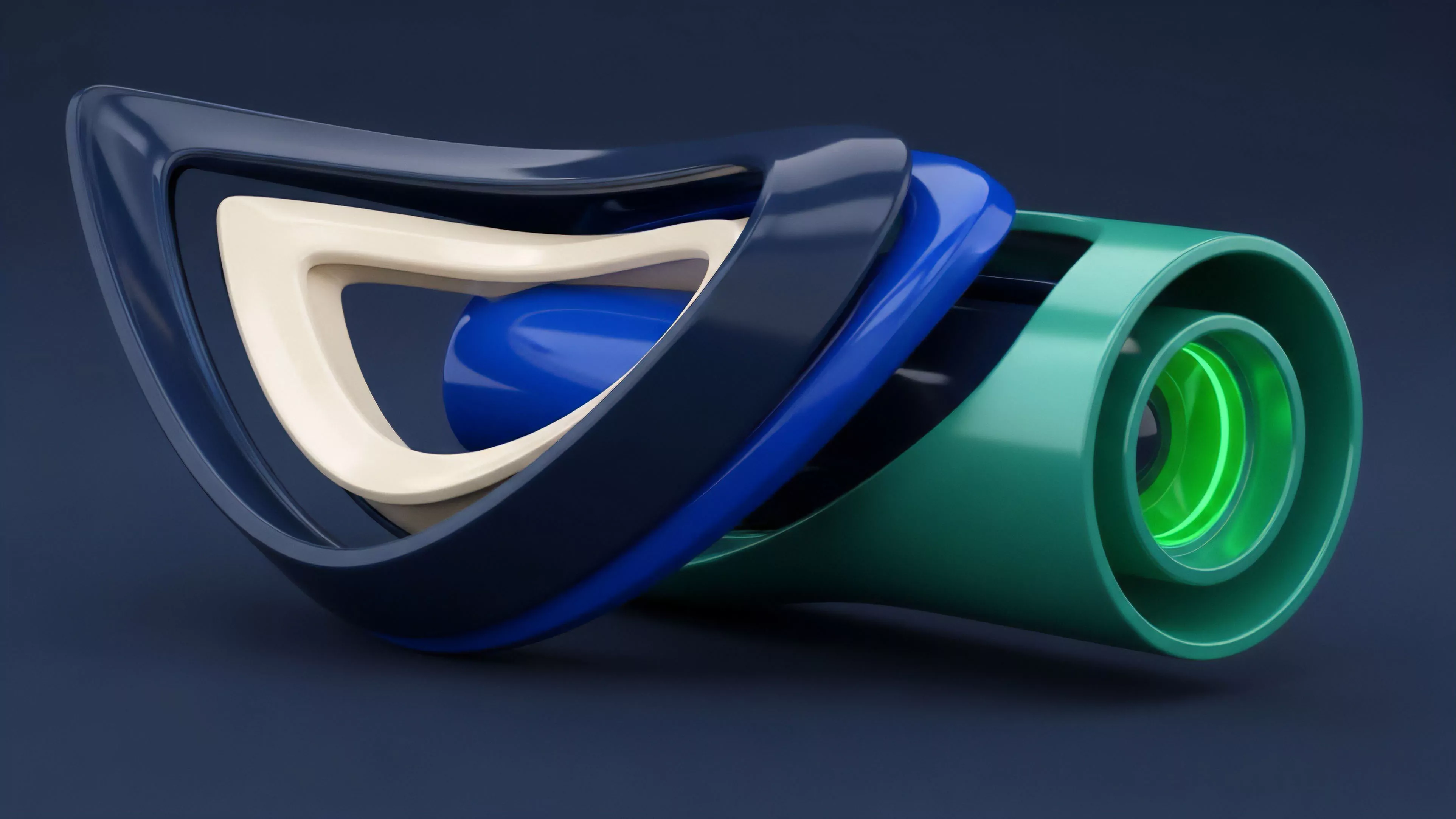 The abstract visual presents layered, integrated forms with a smooth, polished surface, featuring colors including dark blue, cream, and teal green. A bright neon green ring glows within the central structure, creating a focal point