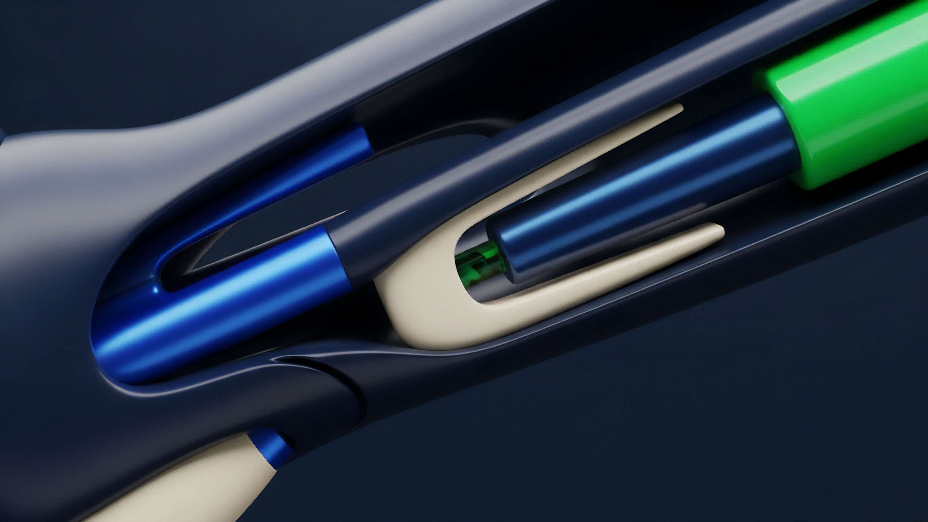 A high-resolution, abstract close-up image showcases interconnected mechanical components within a larger framework. The sleek, dark blue casing houses a lighter blue cylindrical element interacting with a cream-colored forked piece, against a dark background