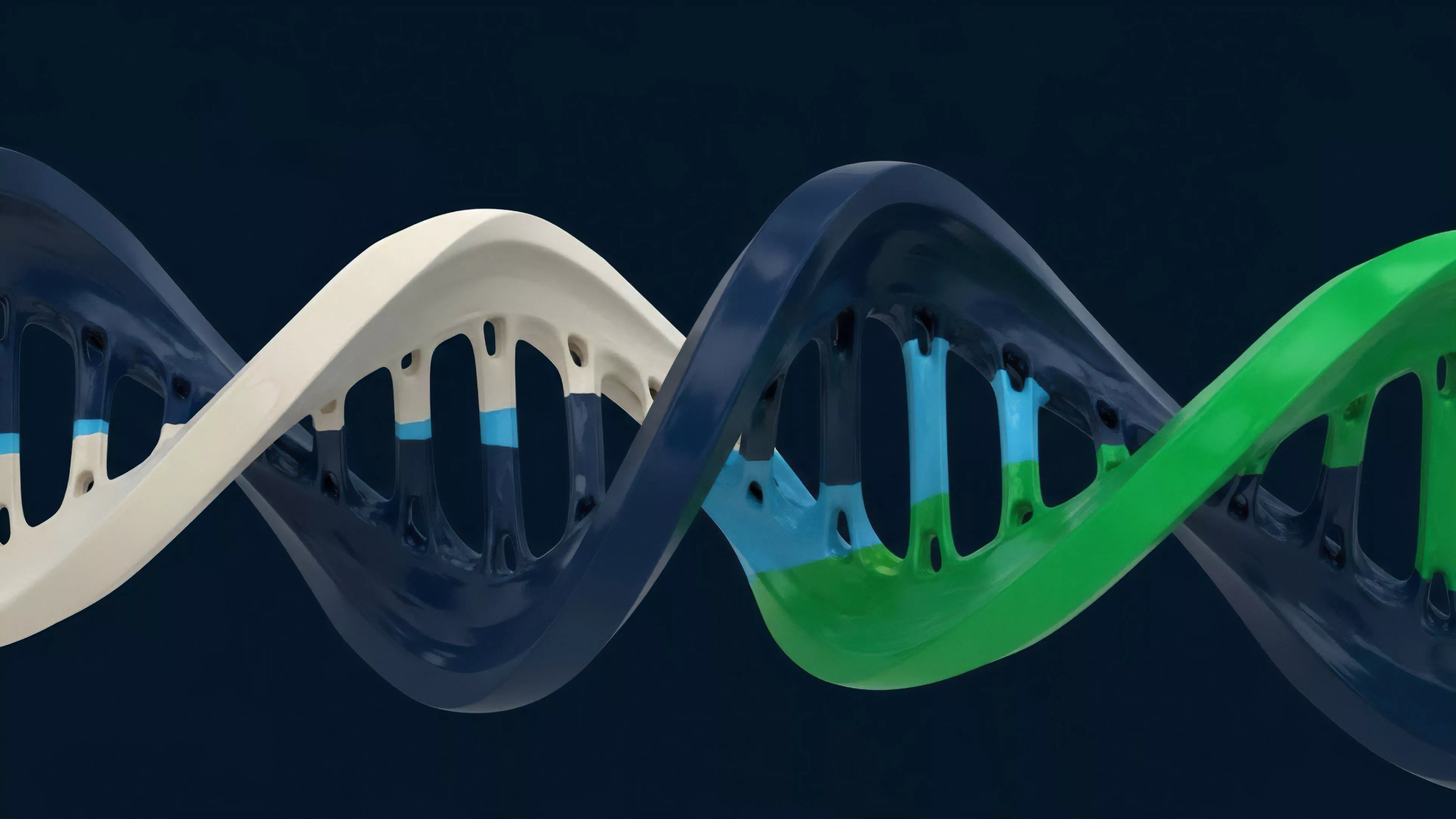 The image displays a double helix structure with two strands twisting together against a dark blue background. The color of the strands changes along its length, signifying transformation