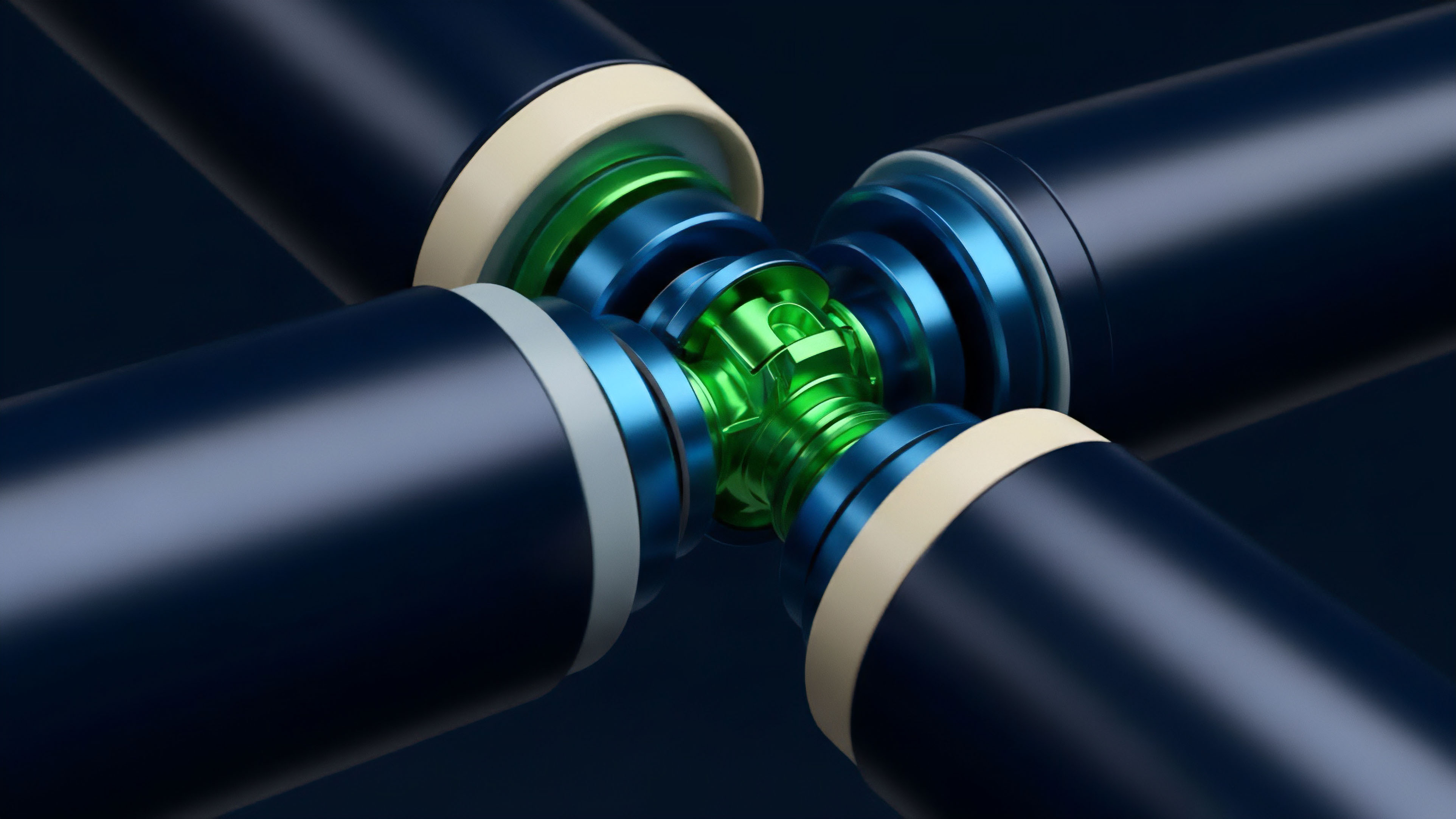 Four dark blue cylindrical shafts converge at a central point, linked by a bright green, intricately designed mechanical joint. The joint features blue and beige-colored rings surrounding the central green component, suggesting a high-precision mechanism