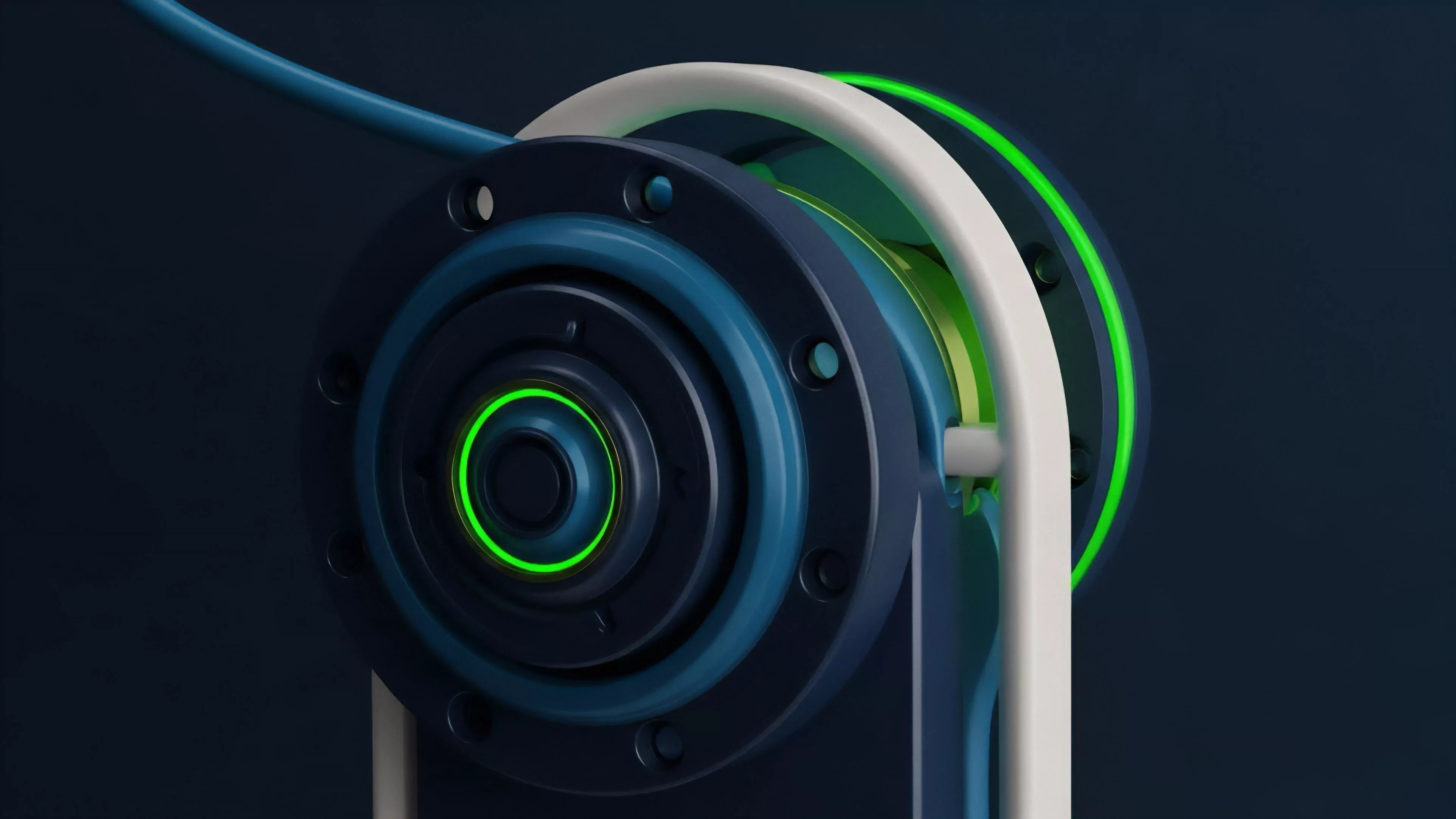 This abstract visual represents the complex smart contract logic underpinning decentralized options trading and perpetual swaps. The interlocking components symbolize the continuous liquidity pools within an Automated Market Maker AMM structure. The glowing green light signifies real-time oracle data feeds and the calculation of the perpetual funding rate. This mechanism manages algorithmic trading strategies through dynamic volatility surfaces, ensuring robust risk management within the DeFi ecosystem's composability framework. This intricate structure visualizes the interconnectedness required for a continuous settlement layer in non-custodial derivatives.