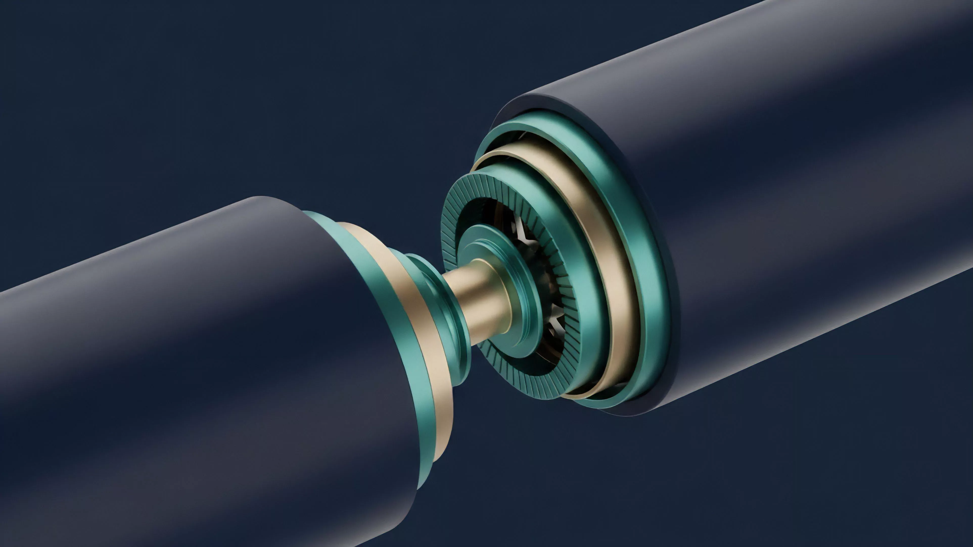 This abstract digital rendering presents a cross-sectional view of two cylindrical components separating, revealing intricate inner layers of mechanical or technological design. The central core connects the two pieces, while surrounding rings of teal and gold highlight the multi-layered structure of the device