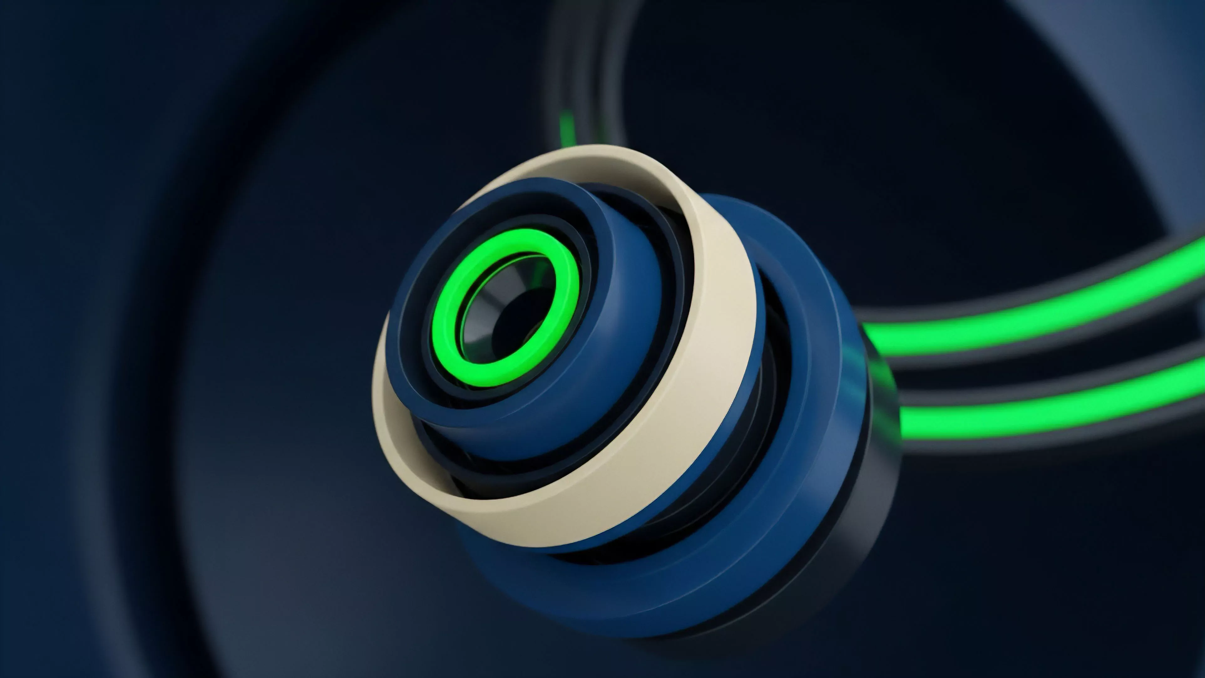 A high-tech mechanism featuring concentric rings in blue and off-white centers on a glowing green core, symbolizing the operational heart of a decentralized autonomous organization DAO.