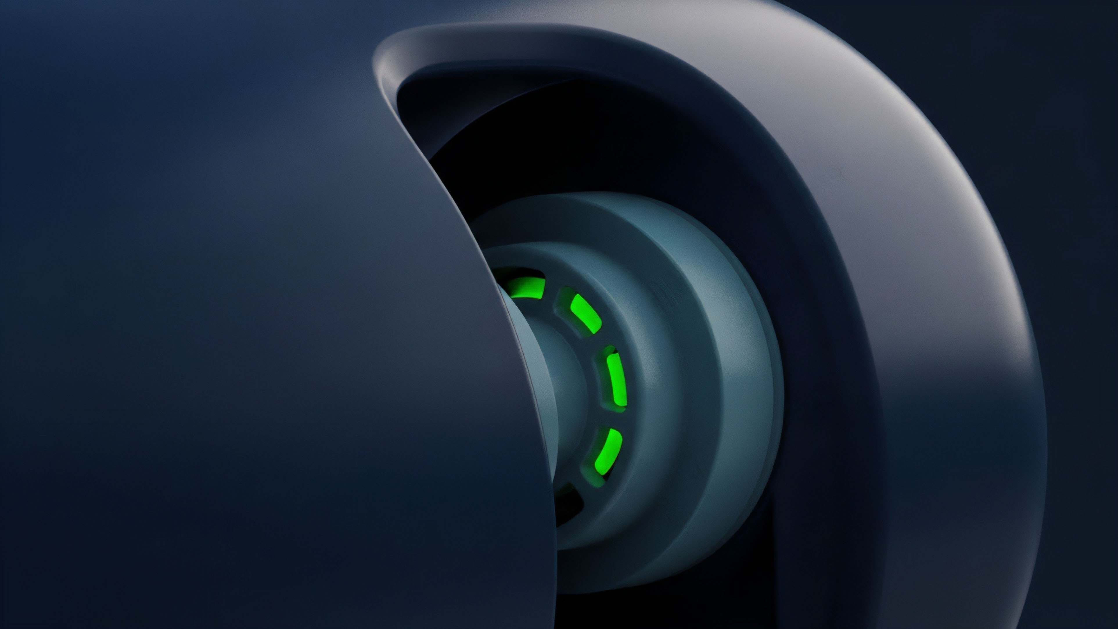 A dark blue, smooth, rounded form partially obscures a light gray, circular mechanism with apertures glowing neon green. The image evokes precision engineering and critical system status. Metaphorically, this represents a decentralized clearing mechanism's live status during smart contract execution. The green indicators signify a successful oracle health check or the activation of specific barrier options, confirming real-time algorithmic trading triggers within a complex DeFi protocol. The precision of the mechanism reflects the exacting nature of risk management in derivatives markets.