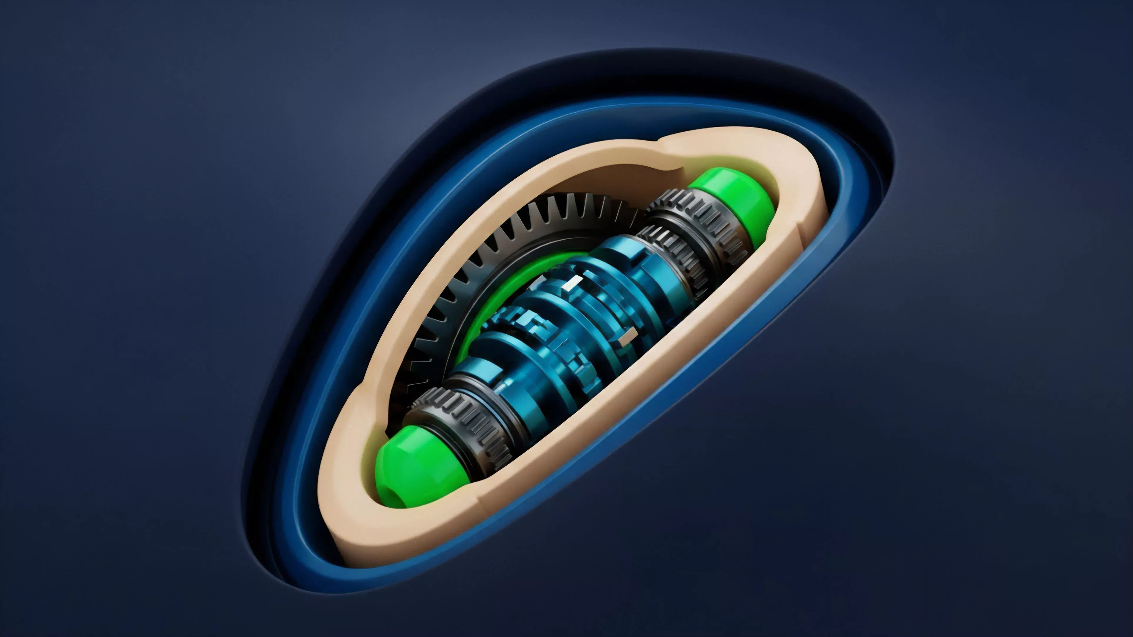 The image displays a cutaway view of a complex mechanical device with several distinct layers. A central, bright blue mechanism with green end pieces is housed within a beige-colored inner casing, which itself is contained within a dark blue outer shell
