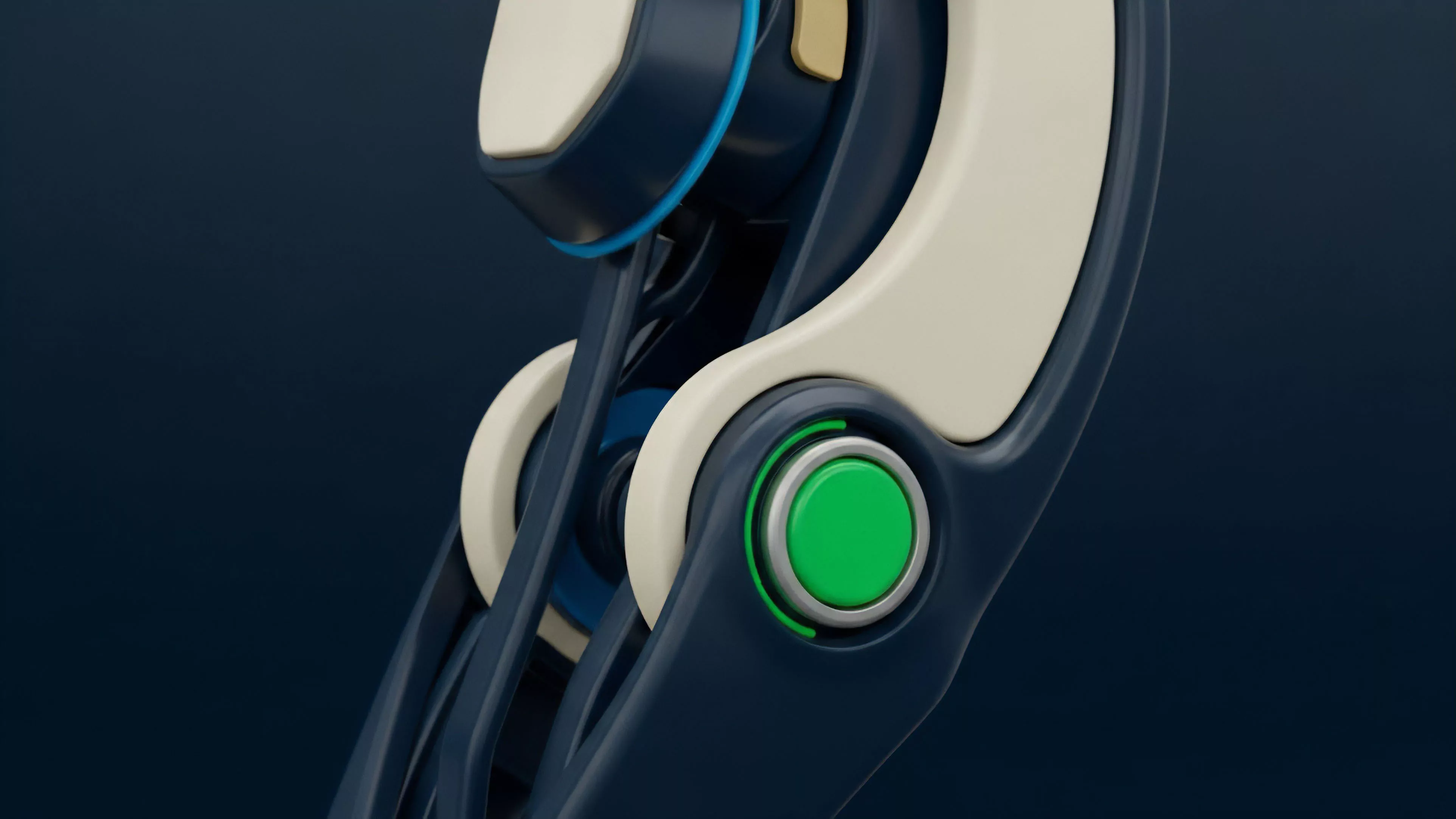 A close-up view of a high-tech, dark blue mechanical structure featuring off-white accents and a prominent green button. The design suggests a complex, futuristic joint or pivot mechanism with internal components visible