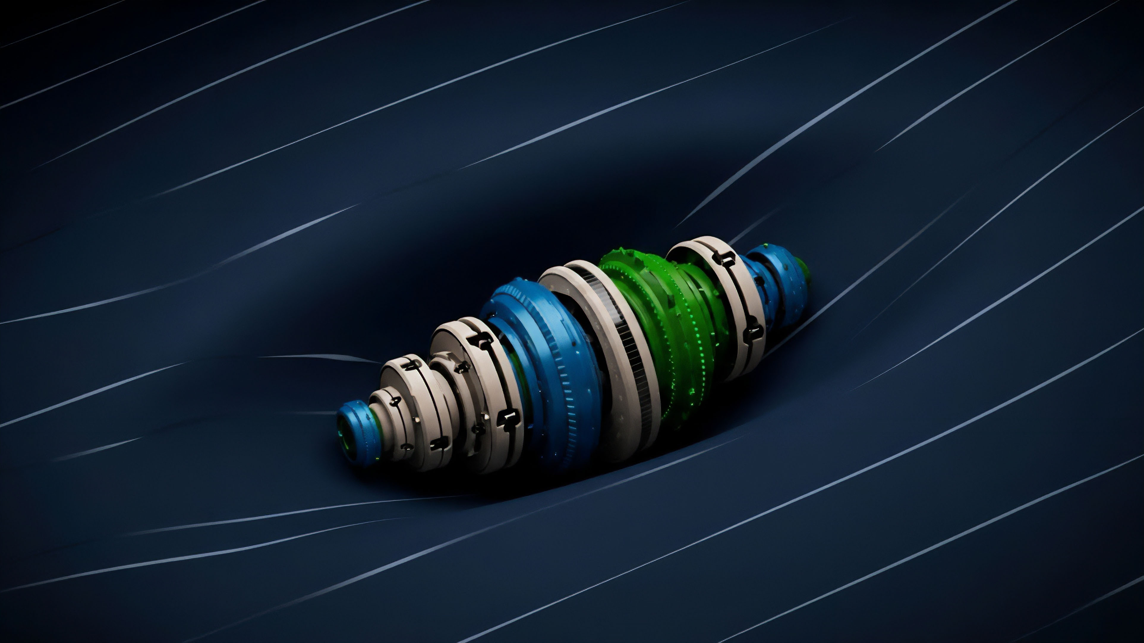 A complex, multi-segmented cylindrical object with blue, green, and off-white components is positioned within a dark, dynamic surface featuring diagonal pinstripes. This abstract representation illustrates a structured financial derivative within the decentralized finance ecosystem