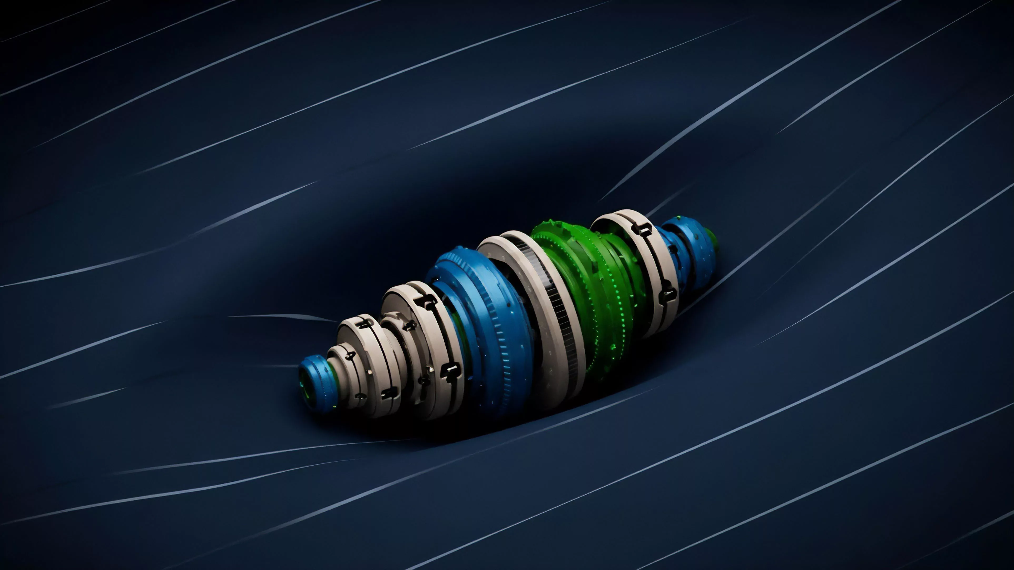 A multi-segment mechanical structure, featuring blue, green, and off-white components, represents a structured financial derivative.