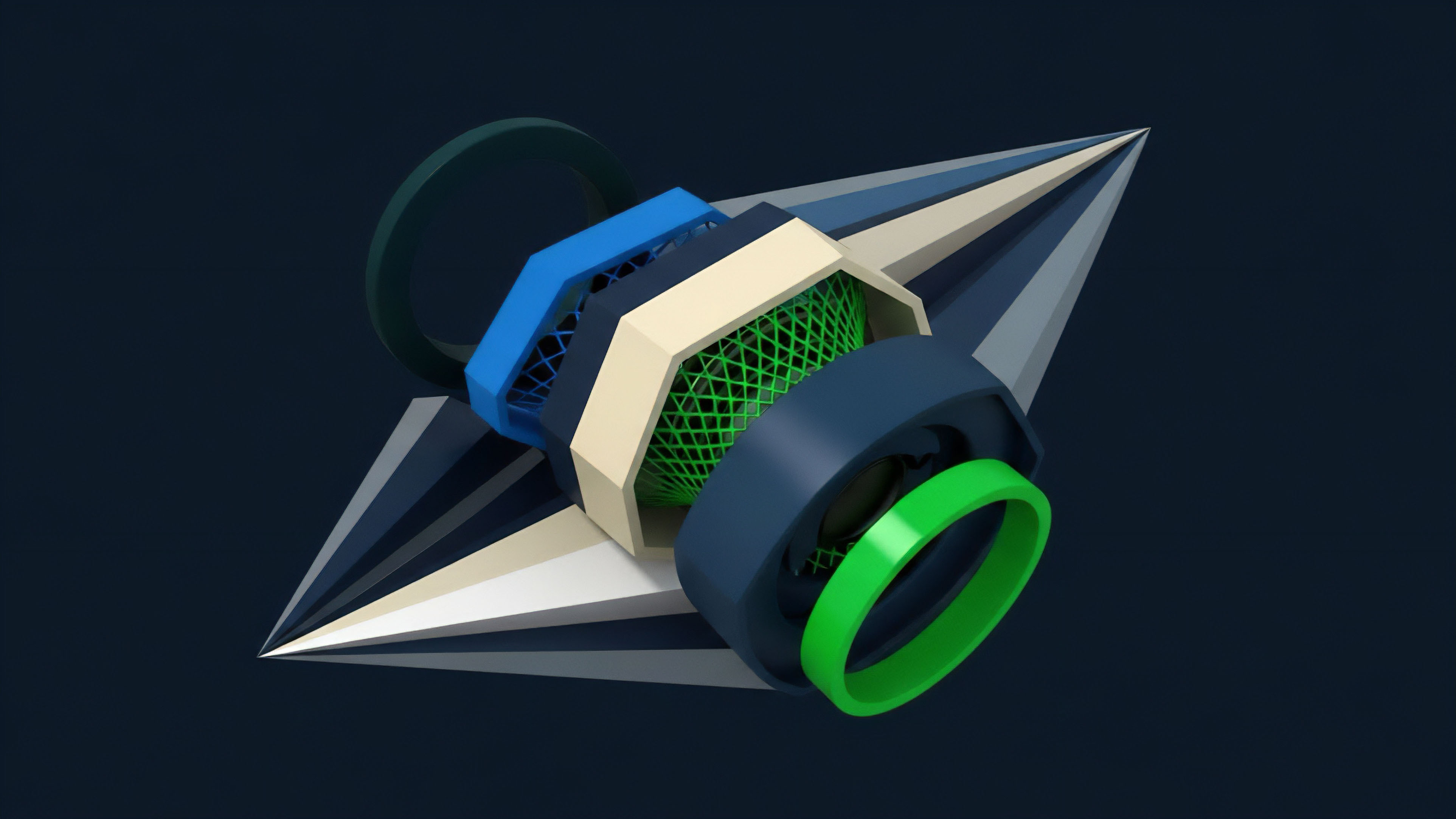 A layered geometric object composed of hexagonal frames, cylindrical rings, and a central green mesh sphere is set against a dark blue background, with a sharp, striped geometric pattern in the lower left corner. The structure visually represents a sophisticated financial derivative mechanism, specifically a decentralized finance DeFi structured product where risk tranches are segregated