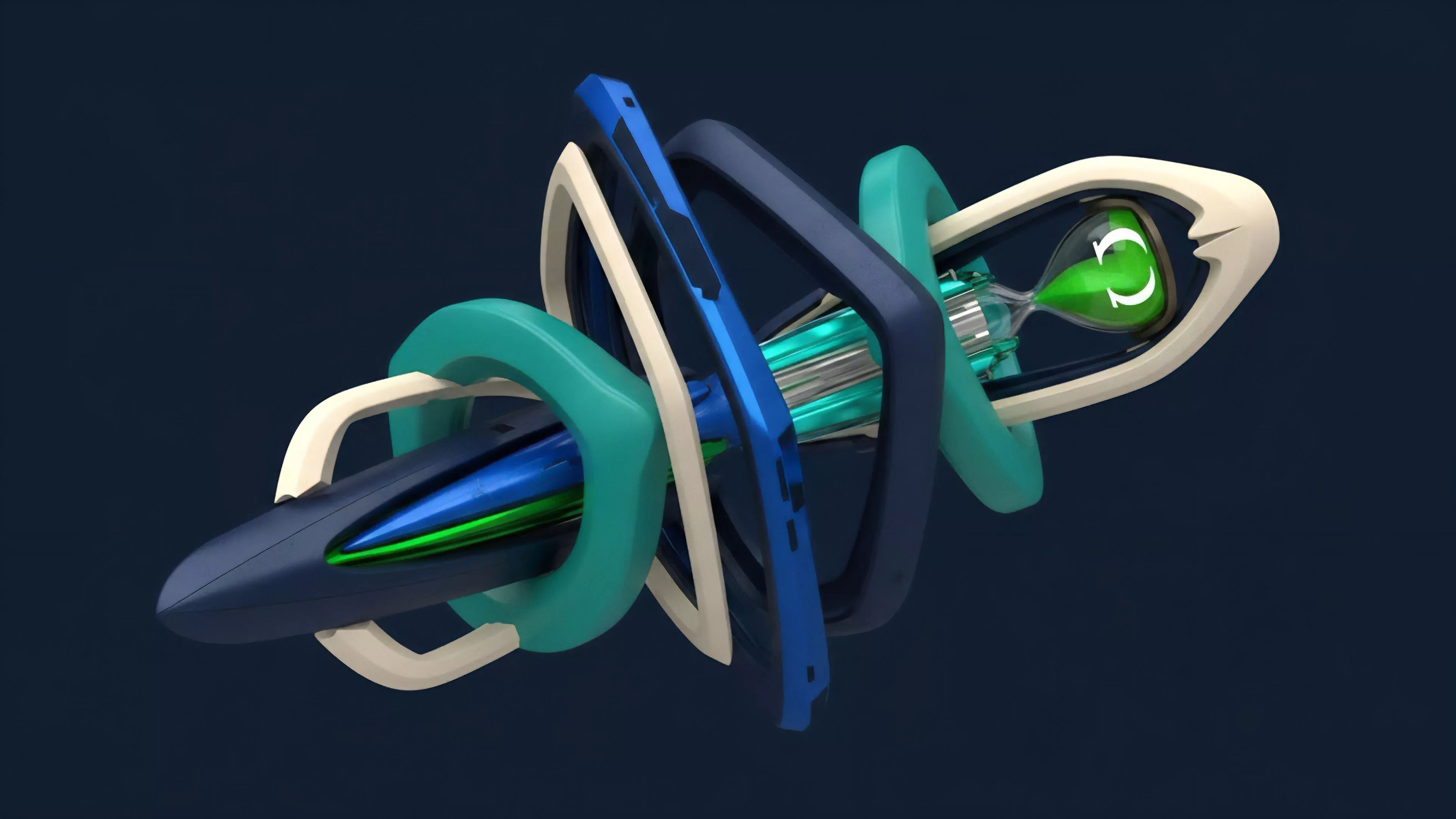A complex abstract visualization depicting a structured derivatives product in decentralized finance. The intricate, interlocking frames symbolize a layered smart contract architecture and various collateralization ratios that define the risk tranches. The underlying asset, represented by the sleek central form, passes through these layers. The hourglass mechanism on the opposite end symbolizes time decay theta of an options contract, illustrating the time-sensitive nature of financial derivatives and the impact on collateralized positions. The visualization represents the intricate risk management and liquidity dynamics within a decentralized protocol.