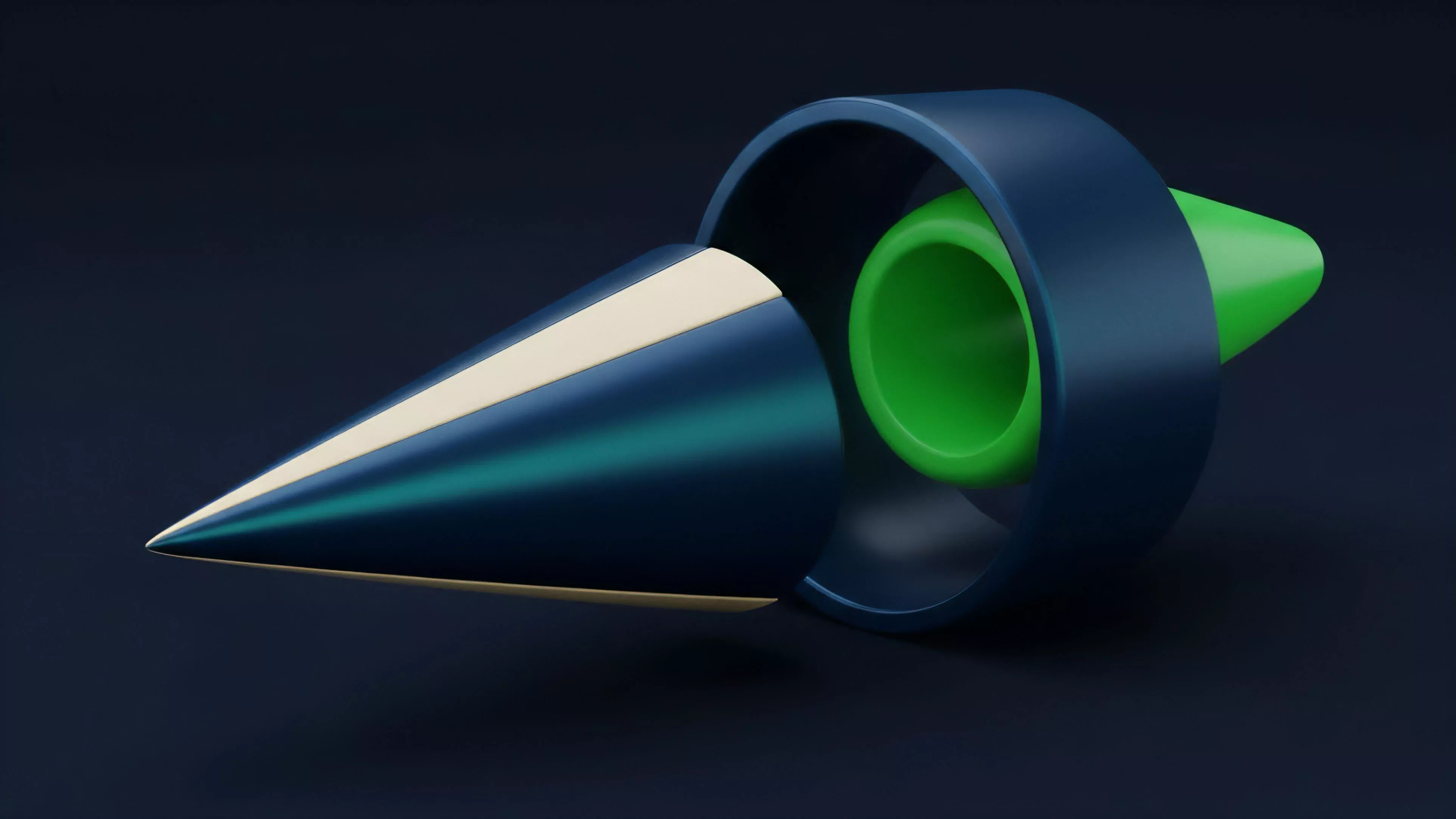 A stylized 3D render displays a dark conical shape with a light-colored central stripe, partially inserted into a dark ring. A bright green component is visible within the ring, creating a visual contrast in color and shape