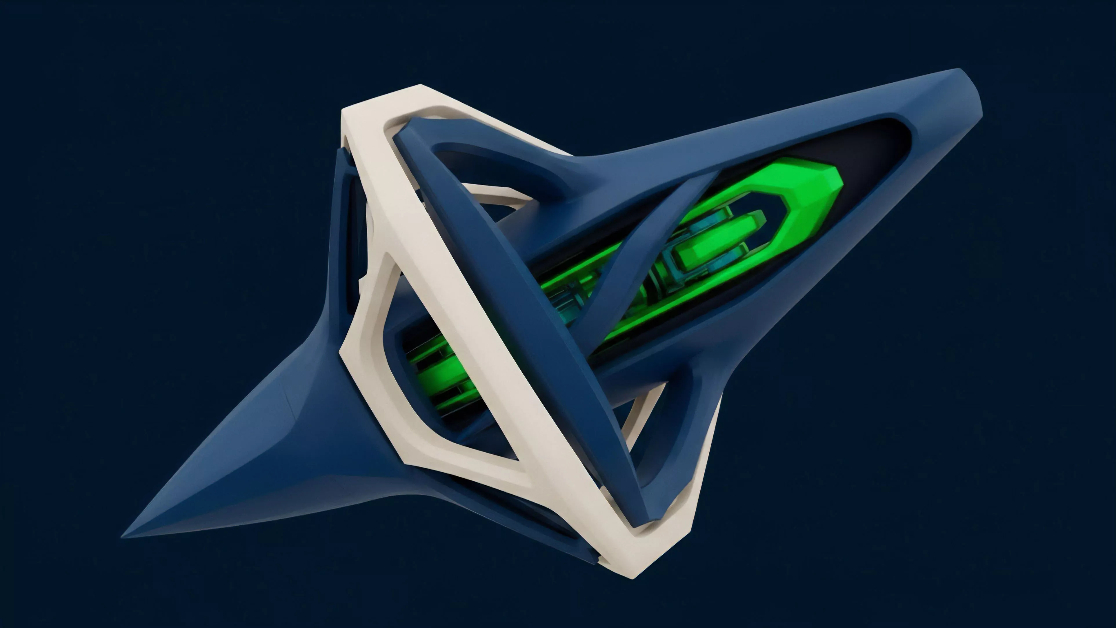 A high-resolution, abstract 3D rendering depicts a futuristic, asymmetrical object with a deep blue exterior and a complex white frame. A bright, glowing green core is visible within the structure, suggesting a powerful internal mechanism or energy source