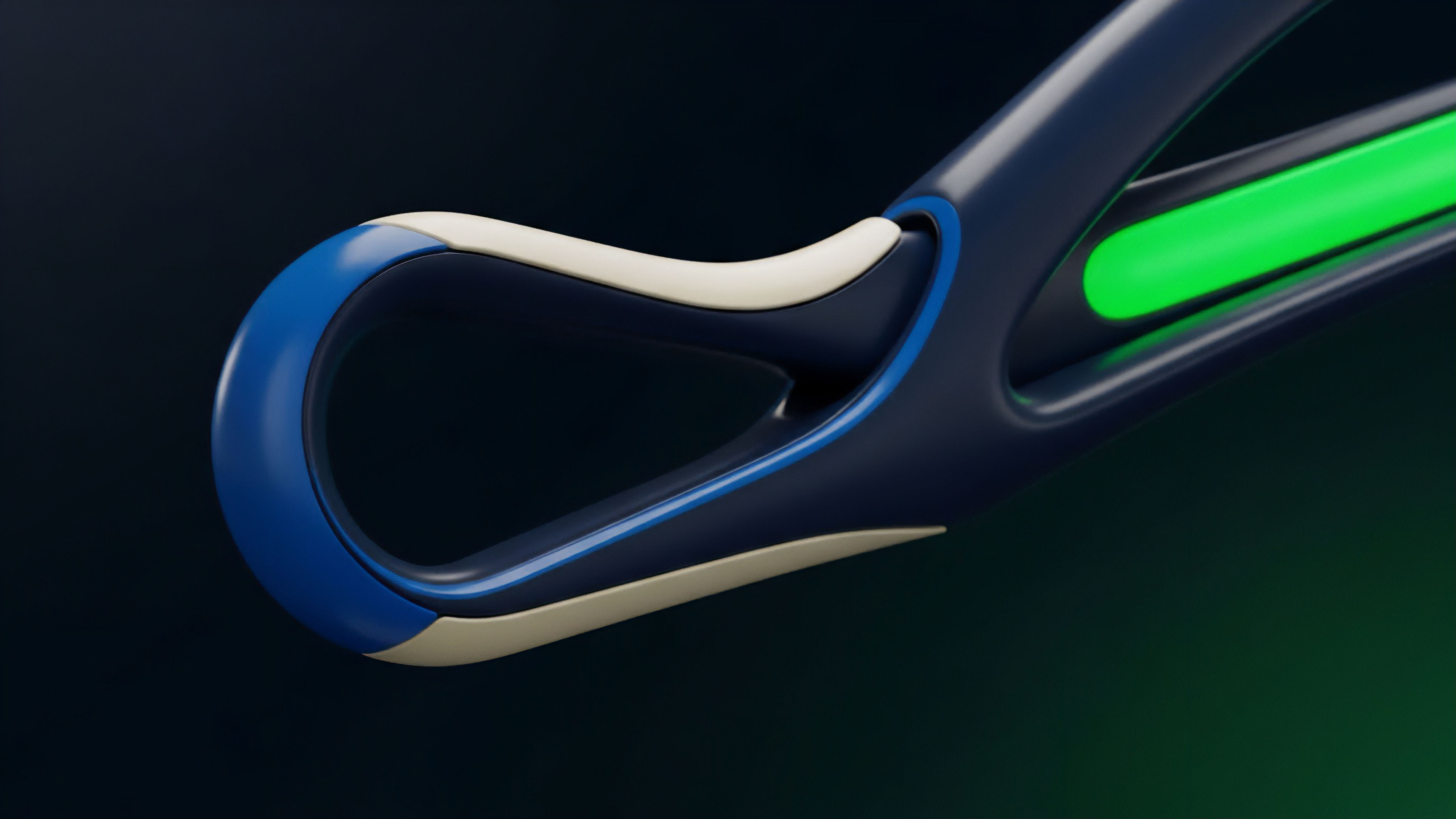 The fluid, interconnected structure represents a sophisticated options contract within the decentralized finance DeFi ecosystem. The dark blue frame symbolizes underlying risk exposure and collateral requirements, while the contrasting light section represents a protective delta hedging mechanism. The luminous green element visualizes high-yield returns from an "in-the-money" position or a successful futures contract execution. This abstract rendering illustrates the complex tokenomics of synthetic assets and the structured nature of risk-adjusted returns within liquidity pools, showcasing a framework for managing leveraged positions in a volatile market.