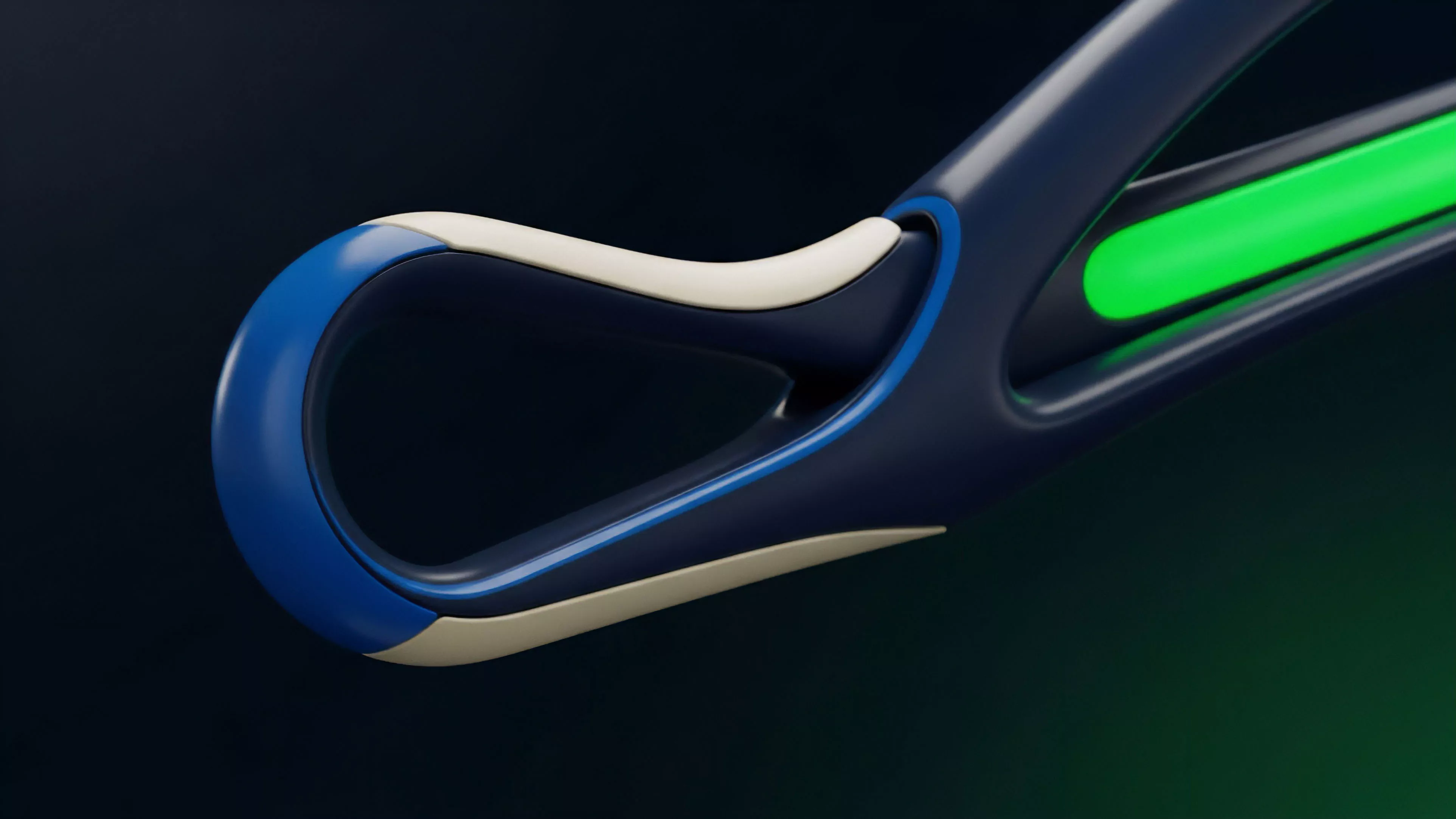 The fluid, interconnected structure represents a sophisticated options contract within the decentralized finance DeFi ecosystem. The dark blue frame symbolizes underlying risk exposure and collateral requirements, while the contrasting light section represents a protective delta hedging mechanism. The luminous green element visualizes high-yield returns from an "in-the-money" position or a successful futures contract execution. This abstract rendering illustrates the complex tokenomics of synthetic assets and the structured nature of risk-adjusted returns within liquidity pools, showcasing a framework for managing leveraged positions in a volatile market.