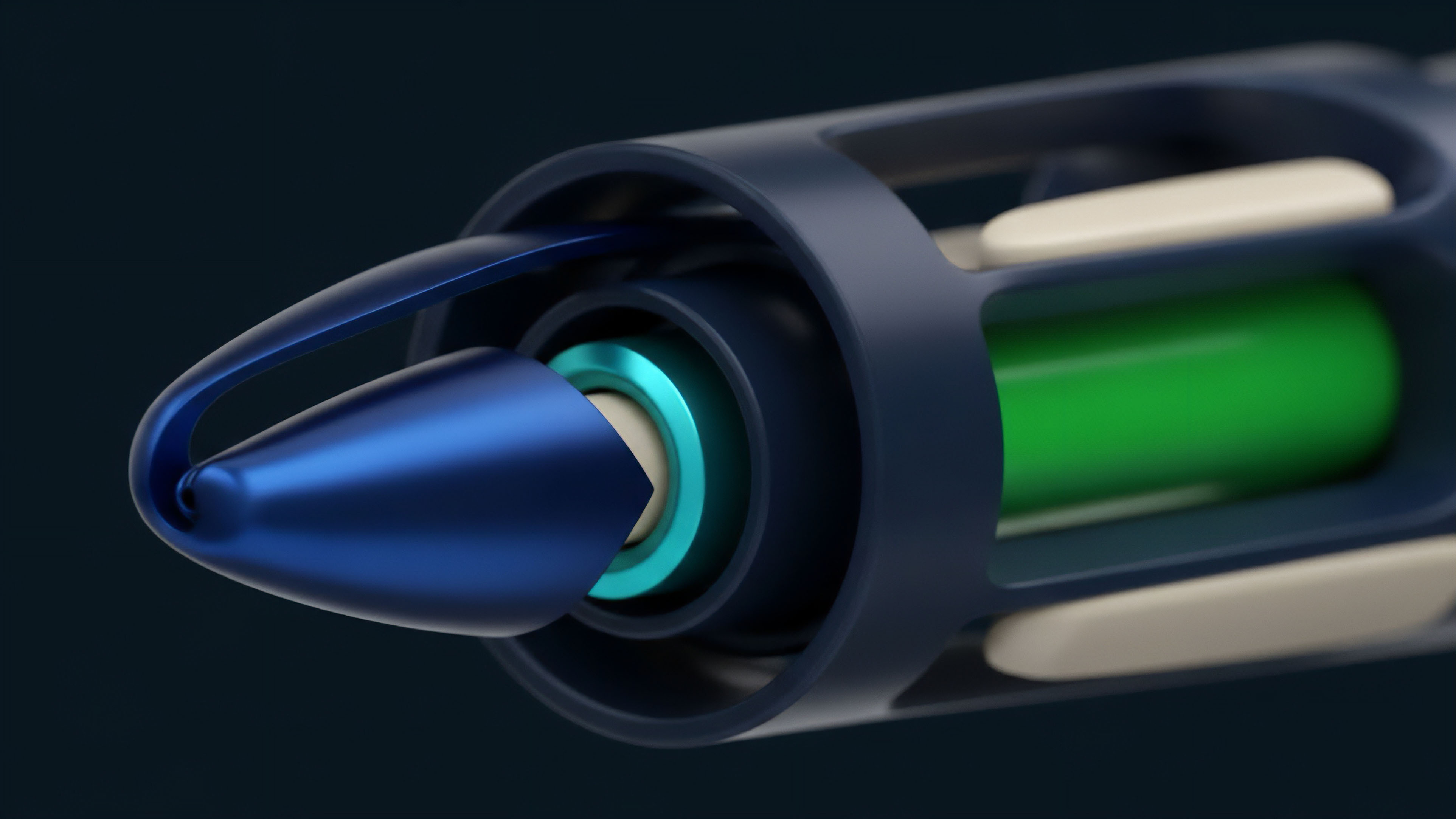 A detailed close-up shows the internal mechanics of a device, featuring a dark blue frame with cutouts that reveal internal components. The primary focus is a conical tip with a unique structural loop, positioned next to a bright green cartridge component