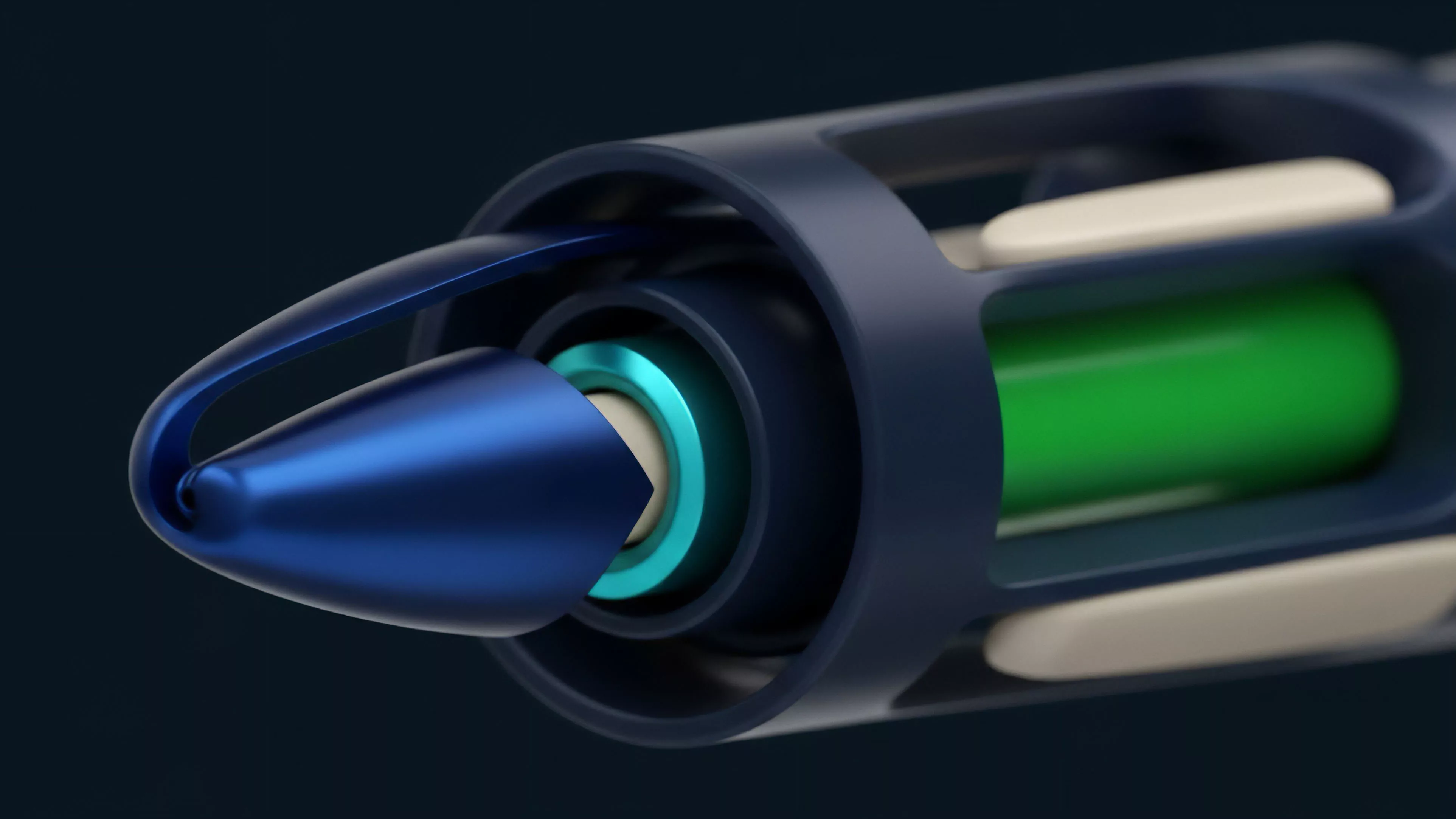 A detailed close-up shows the internal mechanics of a device, featuring a dark blue frame with cutouts that reveal internal components. The primary focus is a conical tip with a unique structural loop, positioned next to a bright green cartridge component