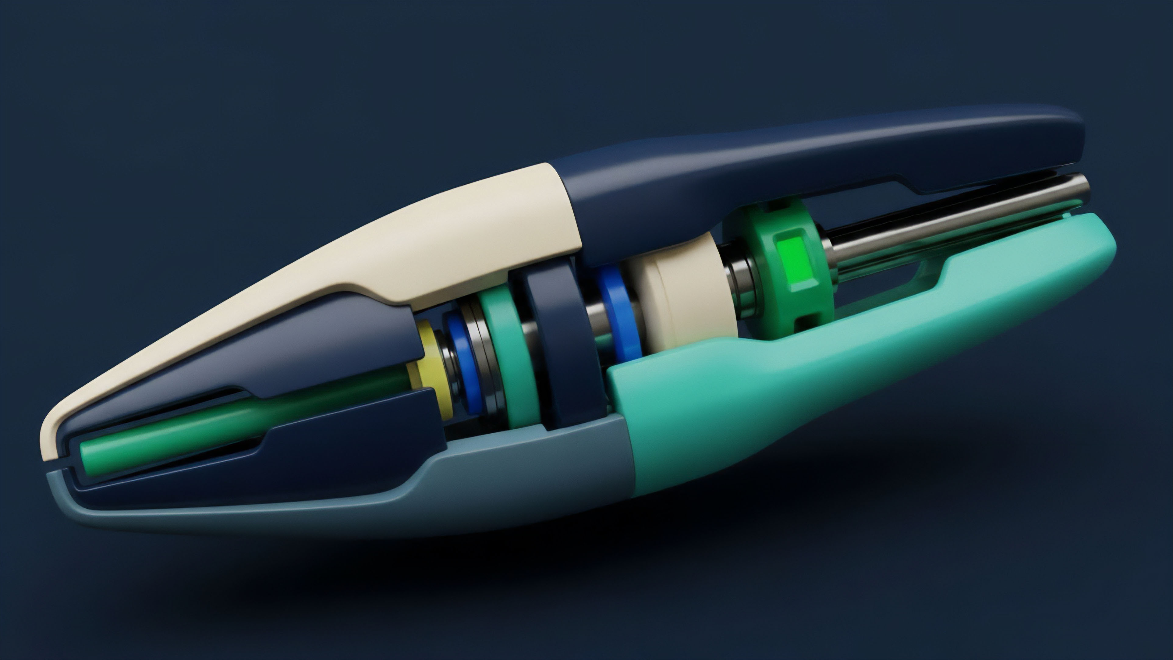 A cutaway view shows the inner workings of a precision-engineered device with layered components in dark blue, cream, and teal. This symbolizes the complex mechanics of financial derivatives, where multiple layers like the underlying asset, strike price, and premium interact. The internal components represent a robust risk management system, where volatility surfaces and option Greeks are continuously calculated to ensure proper collateralization and settlement within a decentralized finance protocol.
