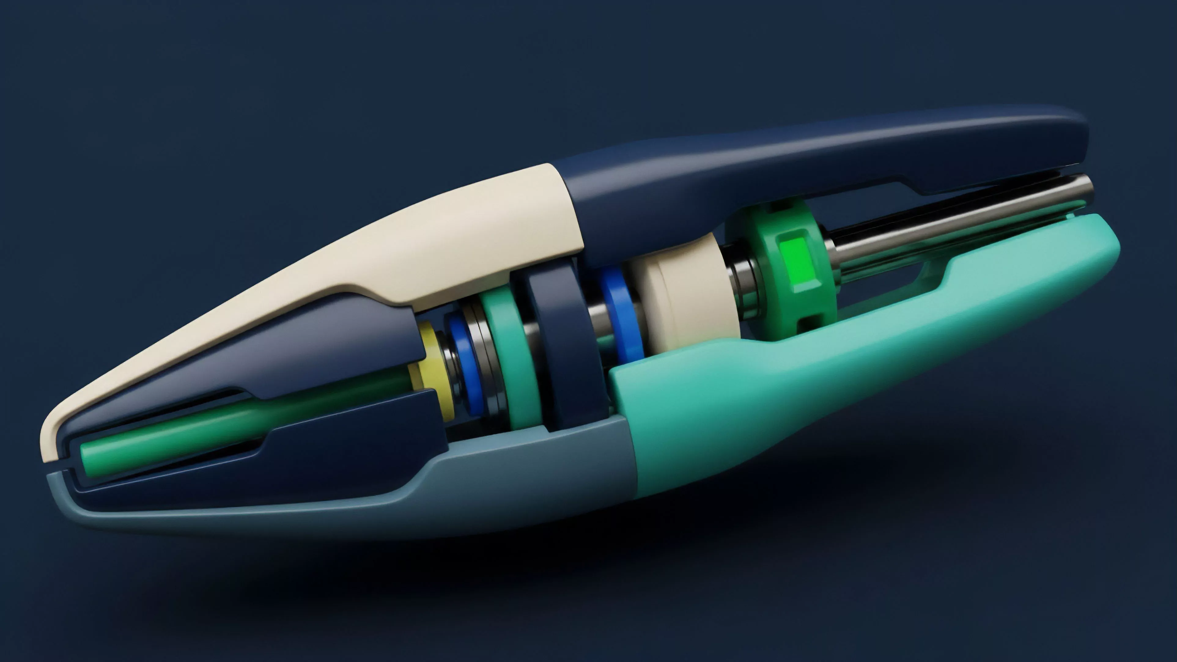 A cutaway view shows the inner workings of a precision-engineered device with layered components in dark blue, cream, and teal. This symbolizes the complex mechanics of financial derivatives, where multiple layers like the underlying asset, strike price, and premium interact. The internal components represent a robust risk management system, where volatility surfaces and option Greeks are continuously calculated to ensure proper collateralization and settlement within a decentralized finance protocol.