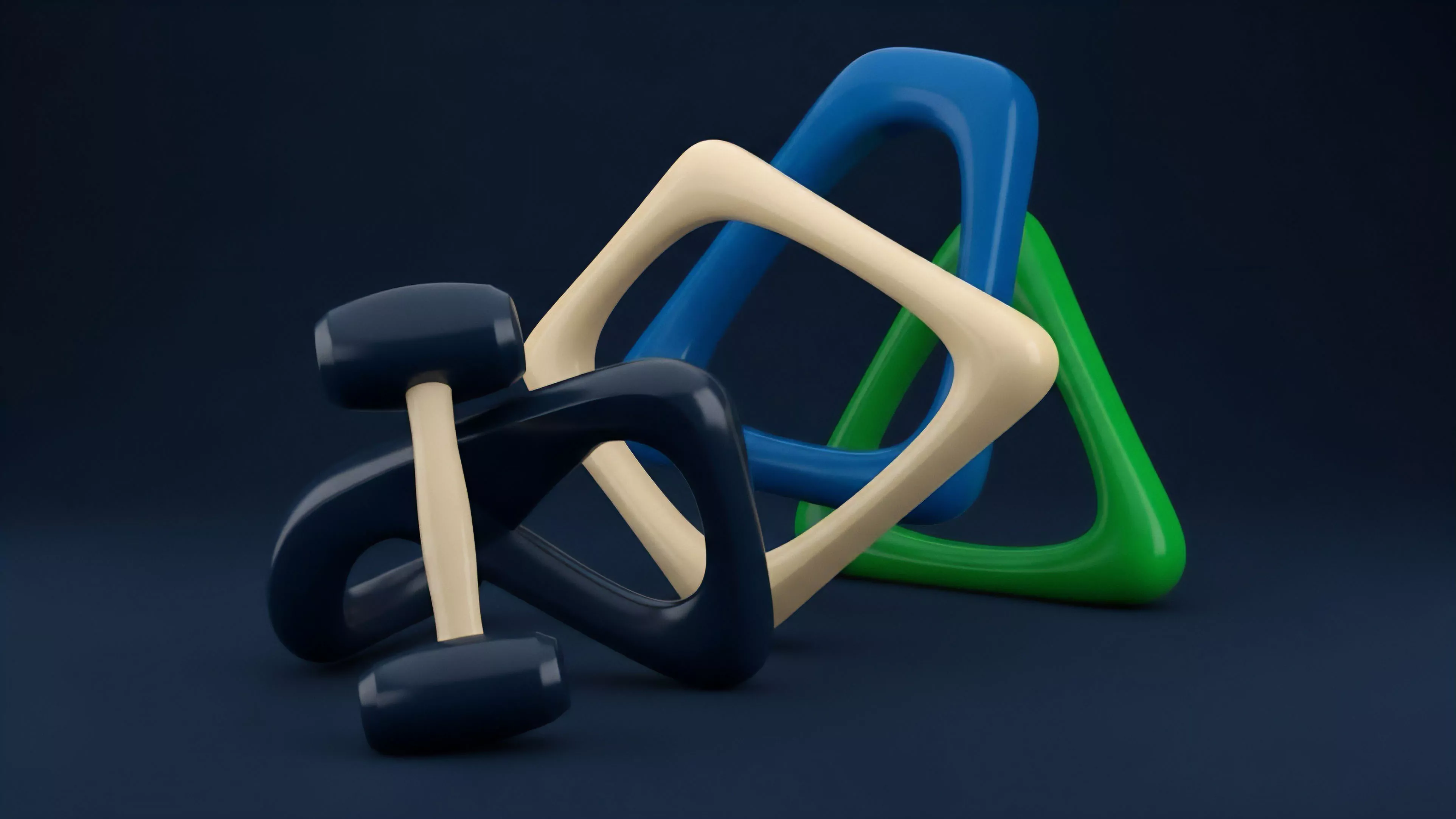 A 3D render displays several fluid, rounded, interlocked geometric shapes against a dark blue background. A dark blue figure-eight form intertwines with a beige quad-like loop, while blue and green triangular loops are in the background