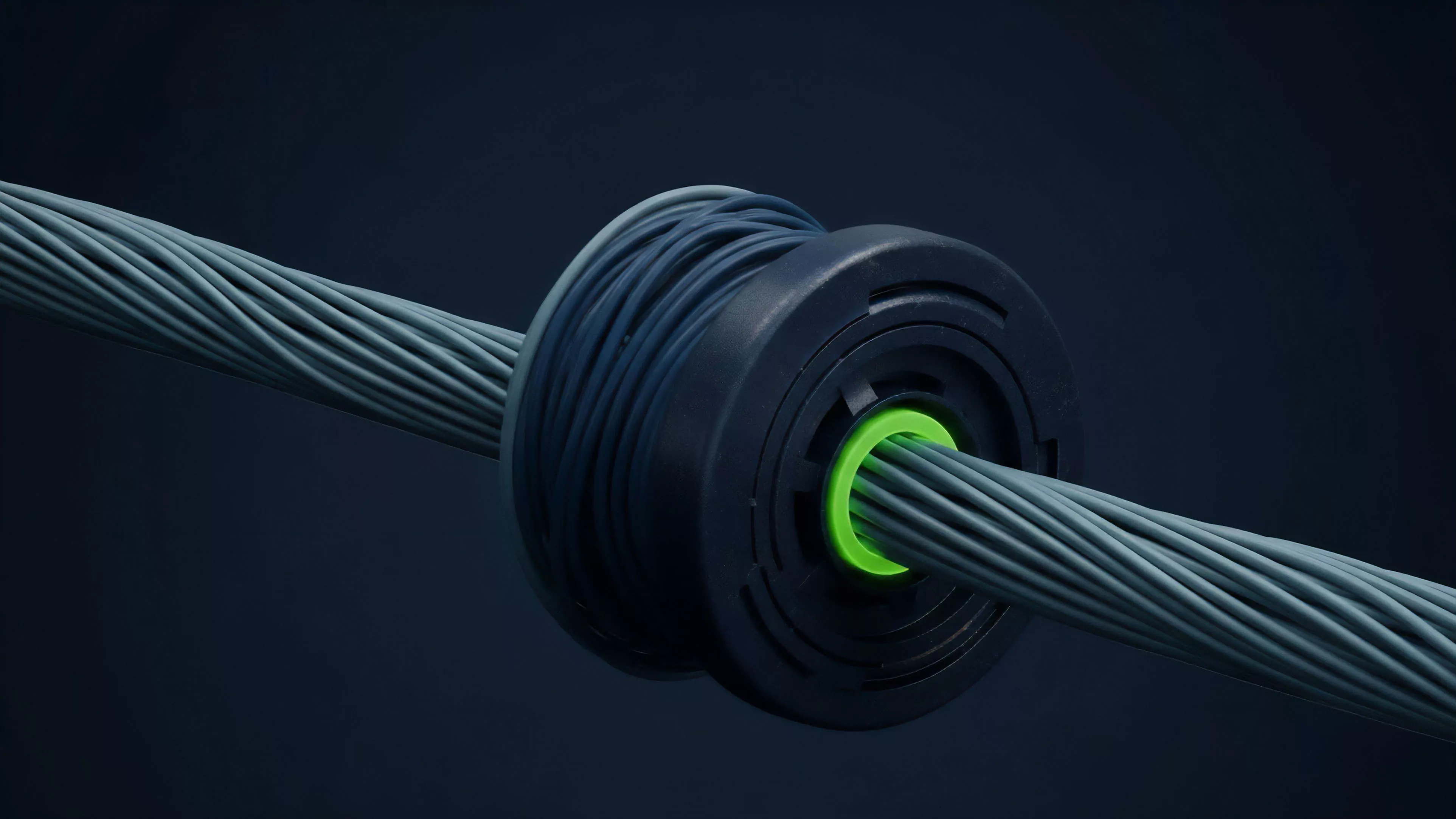A high-resolution visualization shows a multi-stranded cable passing through a complex mechanism illuminated by a vibrant green ring. This imagery metaphorically depicts the high-throughput data processing required for decentralized derivatives platforms. The individual strands represent multi-asset collateralization feeds and aggregated liquidity streams. The mechanism symbolizes a smart contract executing real-time risk management calculations for settlement, while the green light indicates successful oracle feed validation. This visualizes data integrity and capital efficiency essential for synthetic asset creation within a Layer 2 scaling solution.